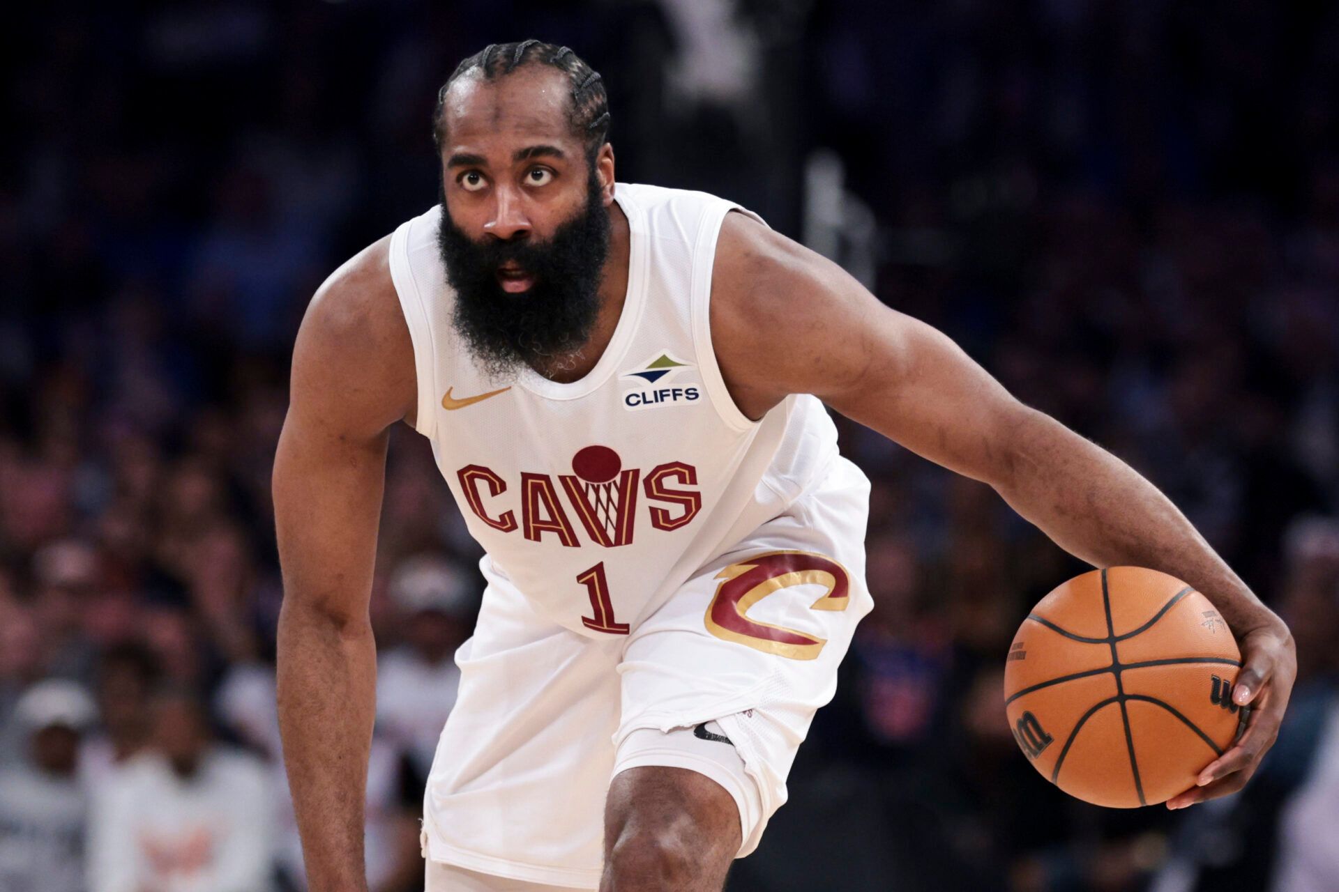 Cleveland Cavaliers guard James Harden (1) controls the ball against the New York Knicks during the second quarter of game two of the eastern conference finals of the 2026 NBA playoffs at Madison Square Garden.