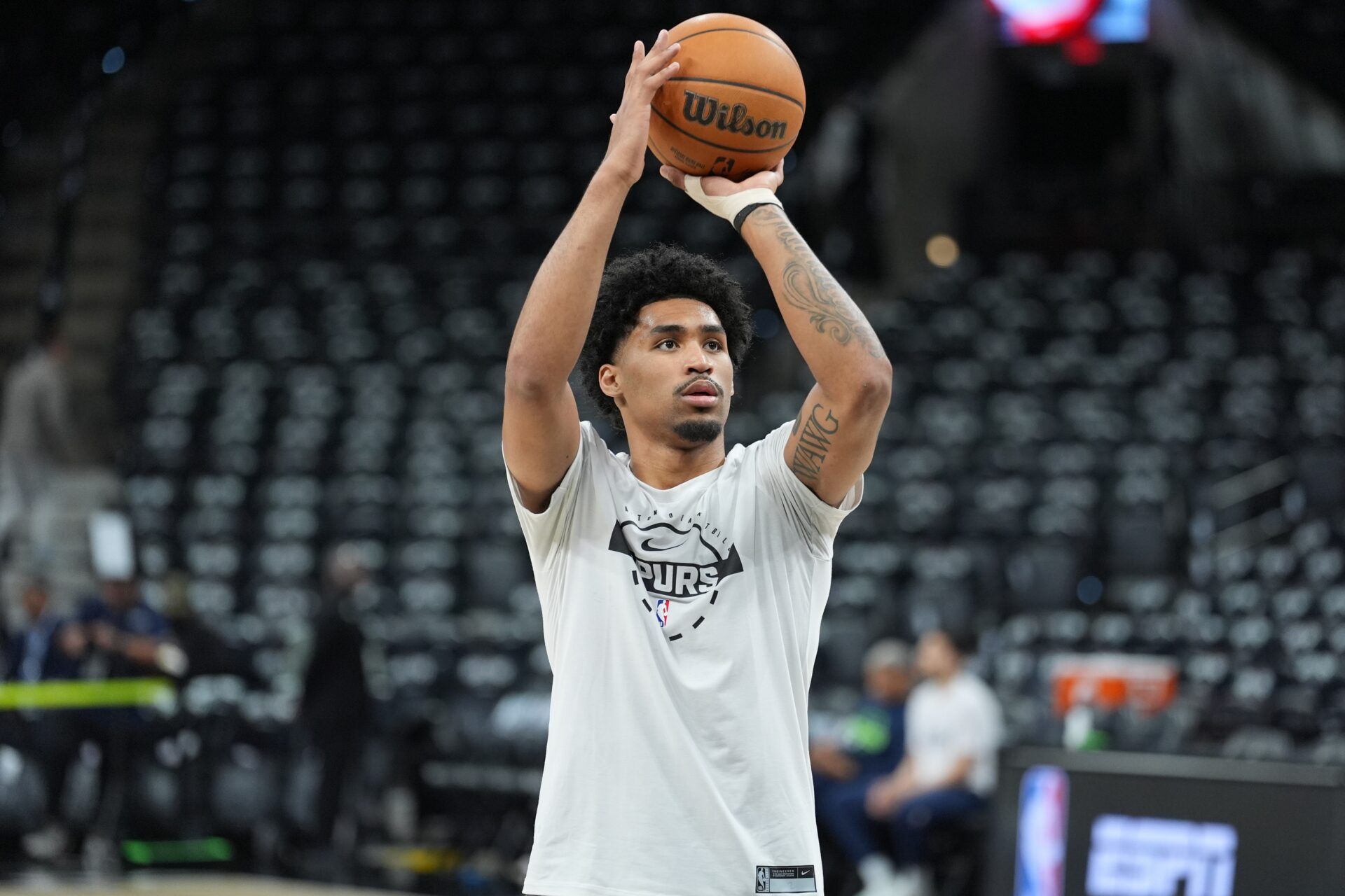 San Antonio Spurs guard Dylan Harper (2) warms up before game two of the second round of the 2026 NBA Playoffs against the Minnesota Timberwolves at Frost Bank Center.