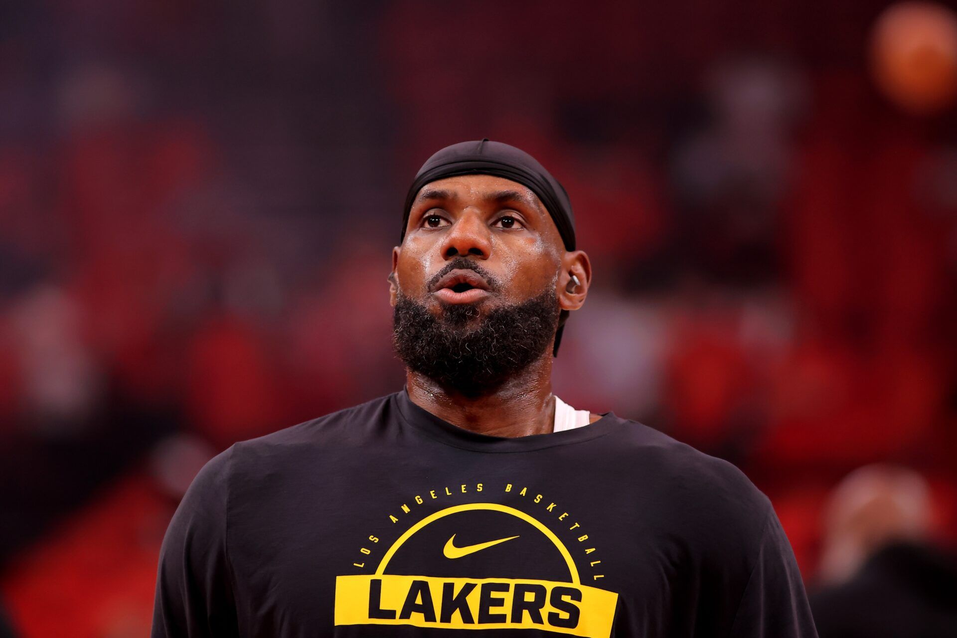 Los Angeles Lakers forward Lebron James (23) warms up prior to game six of the first round of the 2026 NBA Playoffs against the Houston Rockets at Toyota Center.