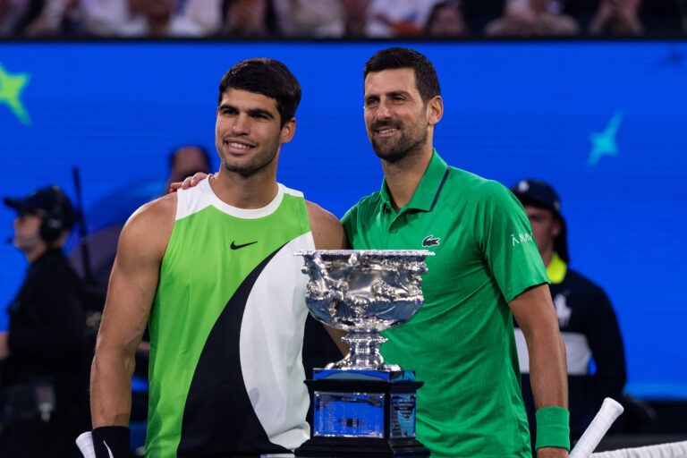 Carlos Alcaraz of Spain and Novak Djokovic of Serbia before the final of the mens singles at the Australian Open at Rod Laver Arena in Melbourne Park.