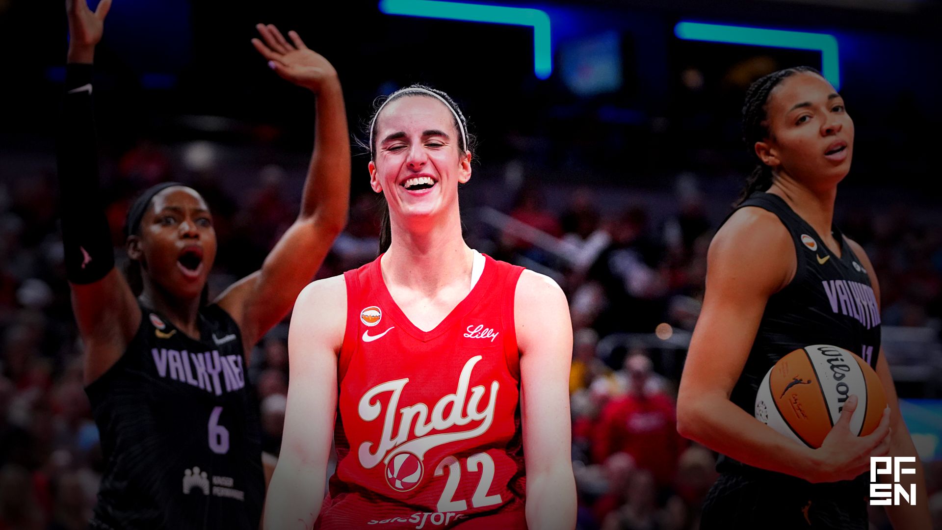 Indiana Fever guard Caitlin Clark (22) smiles Friday, May 22, 2026, during a game at Gainbridge Fieldhouse in Indianapolis. The Indiana Fever defeated the Golden State Valkyries, 90-82.