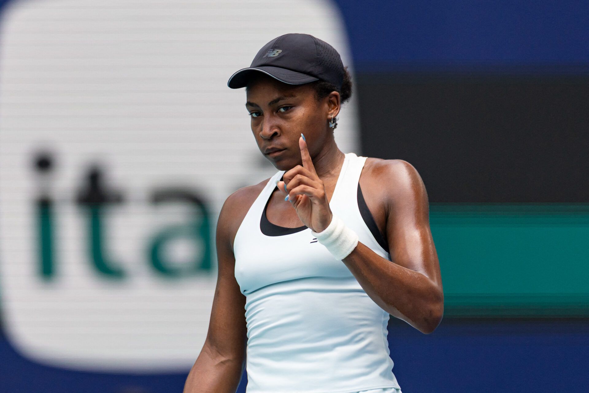 Coco Gauff of the United States reacts after a point against Karolina Muchova of the Czech Republic in the semi-finals of the women’s singles at the Miami Open at the Hard Rock Stadium.