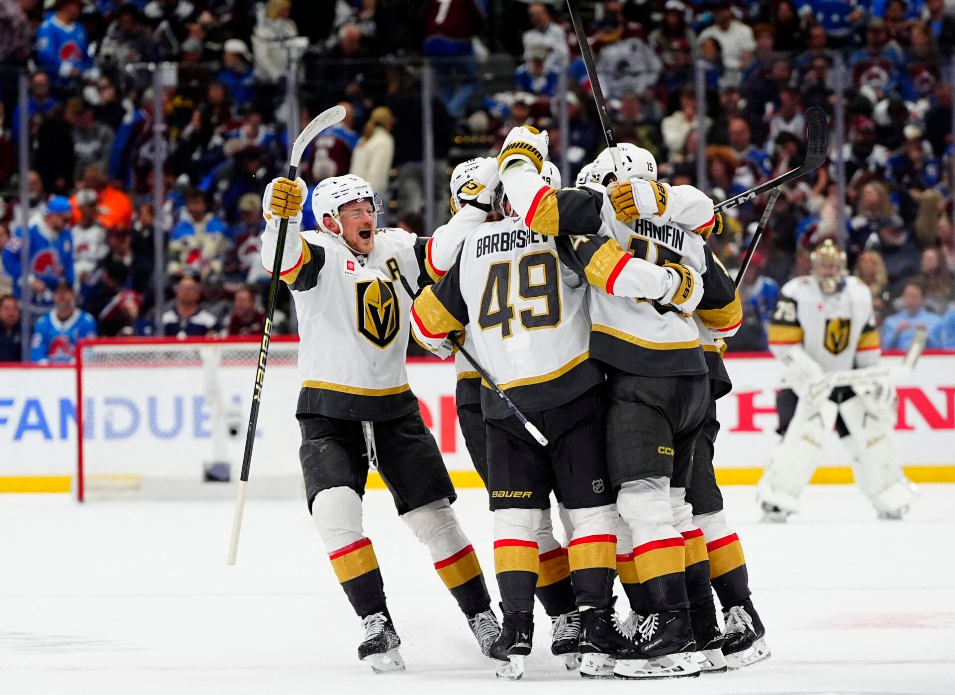 The Vegas Golden Knights celebrate a goal during the third period against the Colorado Avalanche in game two of the Western Conference Final of the 2026 Stanley Cup Playoffs at Ball Arena.