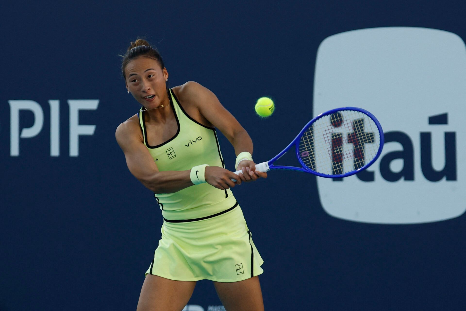 Qinwen Zheng (CHN) hits a backhand against Madison Keys (USA) (not pictured) on day six of the 2026 Miami Open at Hard Rock Stadium.