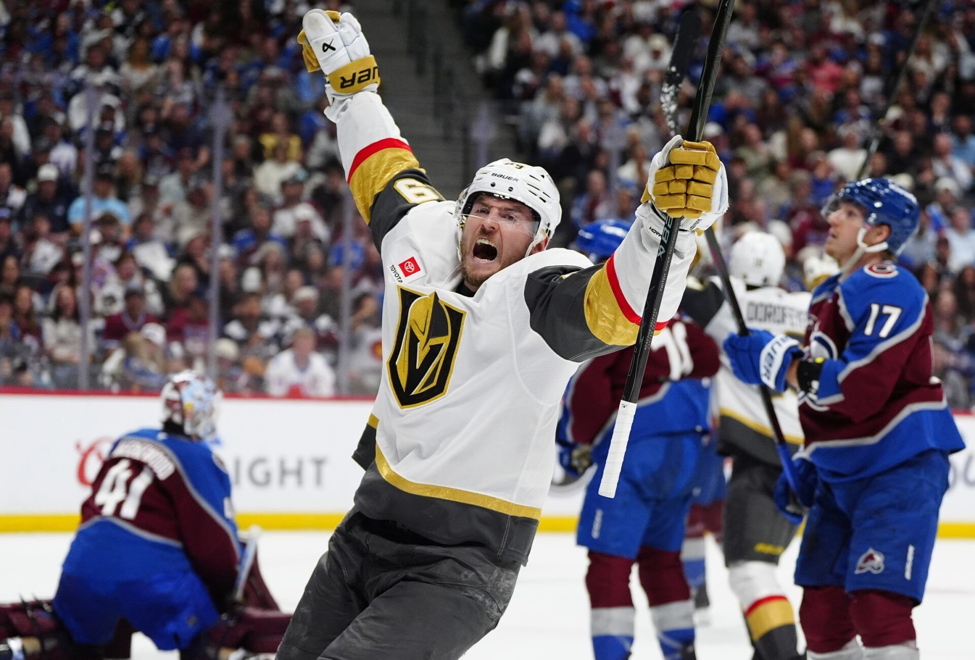 Vegas Golden Knights left wing Ivan Barbashev (49) reacts following a goal during the third period against the Colorado Avalanche in game two of the Western Conference Final of the 2026 Stanley Cup Playoffs at Ball Arena.