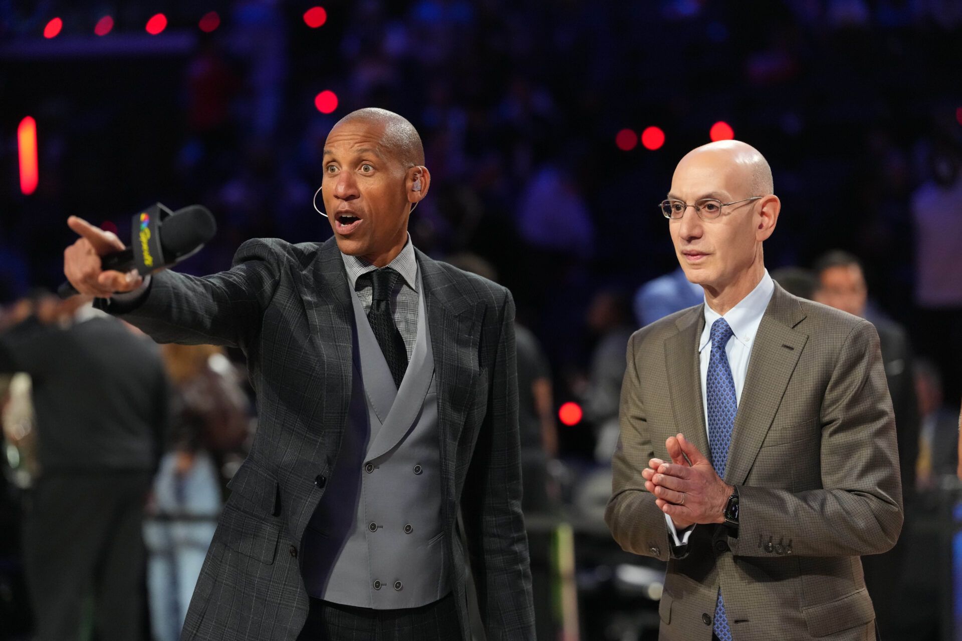 Reggie Miller and NBA commissioner Adam Silver speak to the cameras after the 75th NBA All Star Game at Intuit Dome.