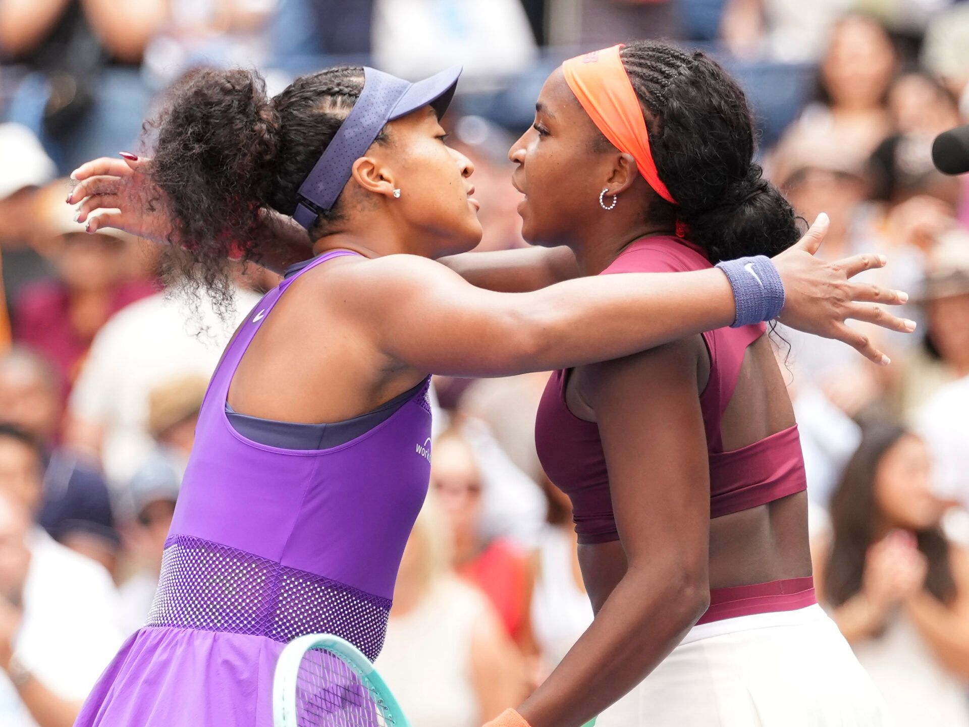 Coco Gauff (USA) (left) after beating Naomi Osaka (JPN) (right) on day nine of the 2025 U.S. Open tennis tournament at the USTA Billie Jean King National Tennis Center.