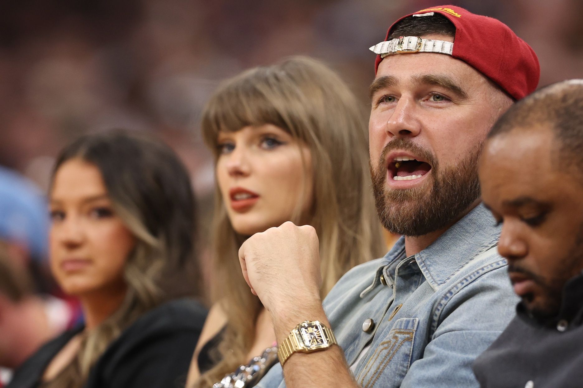 Travis Kelce reacts during second quarter between the New York Knicks and Cleveland Cavaliers during game three of the eastern conference finals for the 2026 NBA playoffs at Rocket Arena.