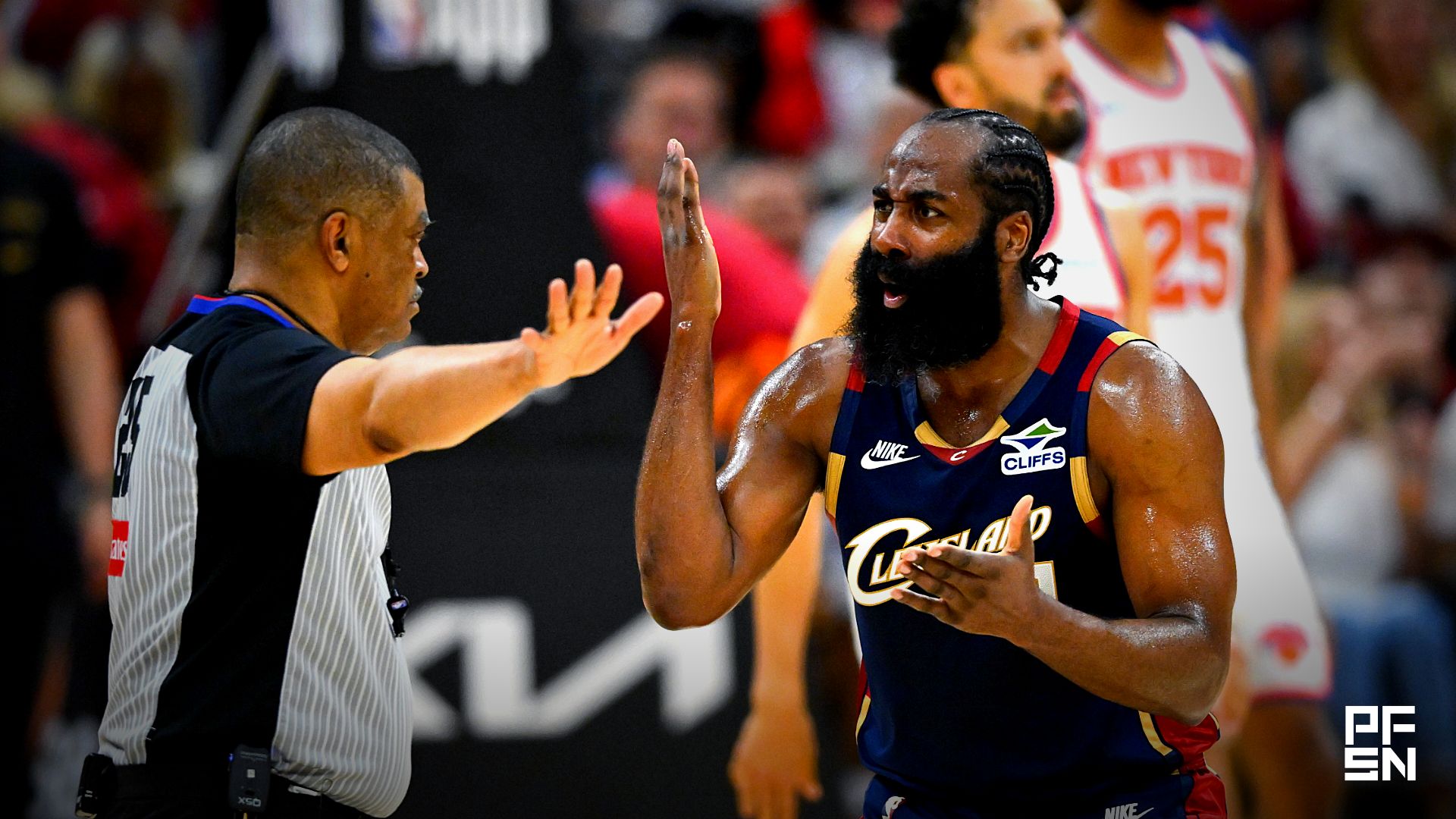 Cleveland Cavaliers guard James Harden (1) reacts in the second quarter against the New York Knicks during game three of the eastern conference finals for the 2026 NBA playoffs at Rocket Arena.