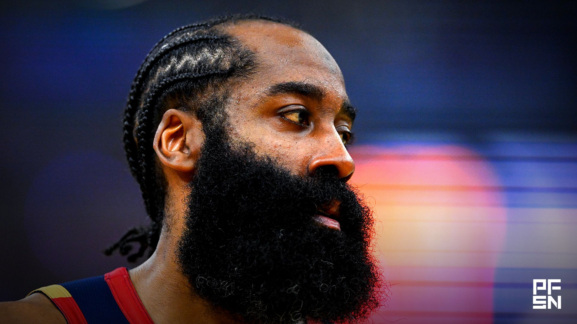 Cleveland Cavaliers guard James Harden (1) looks on in the third quarter against the New York Knicks  during game three of the eastern conference finals for the 2026 NBA playoffs at Rocket Arena.