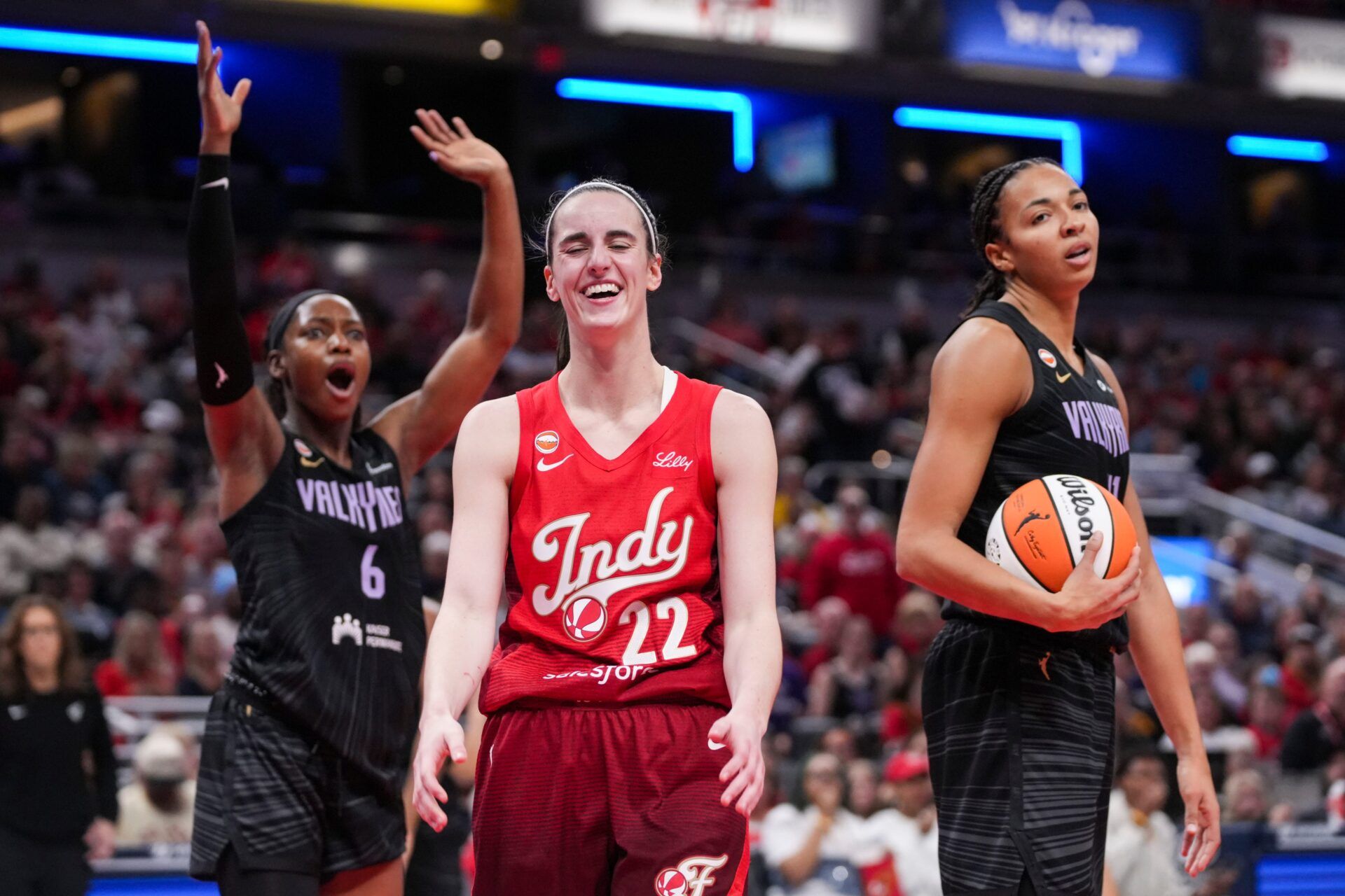 Indiana Fever guard Caitlin Clark (22) smiles Friday, May 22, 2026, during a game at Gainbridge Fieldhouse in Indianapolis. The Indiana Fever defeated the Golden State Valkyries, 90-82.