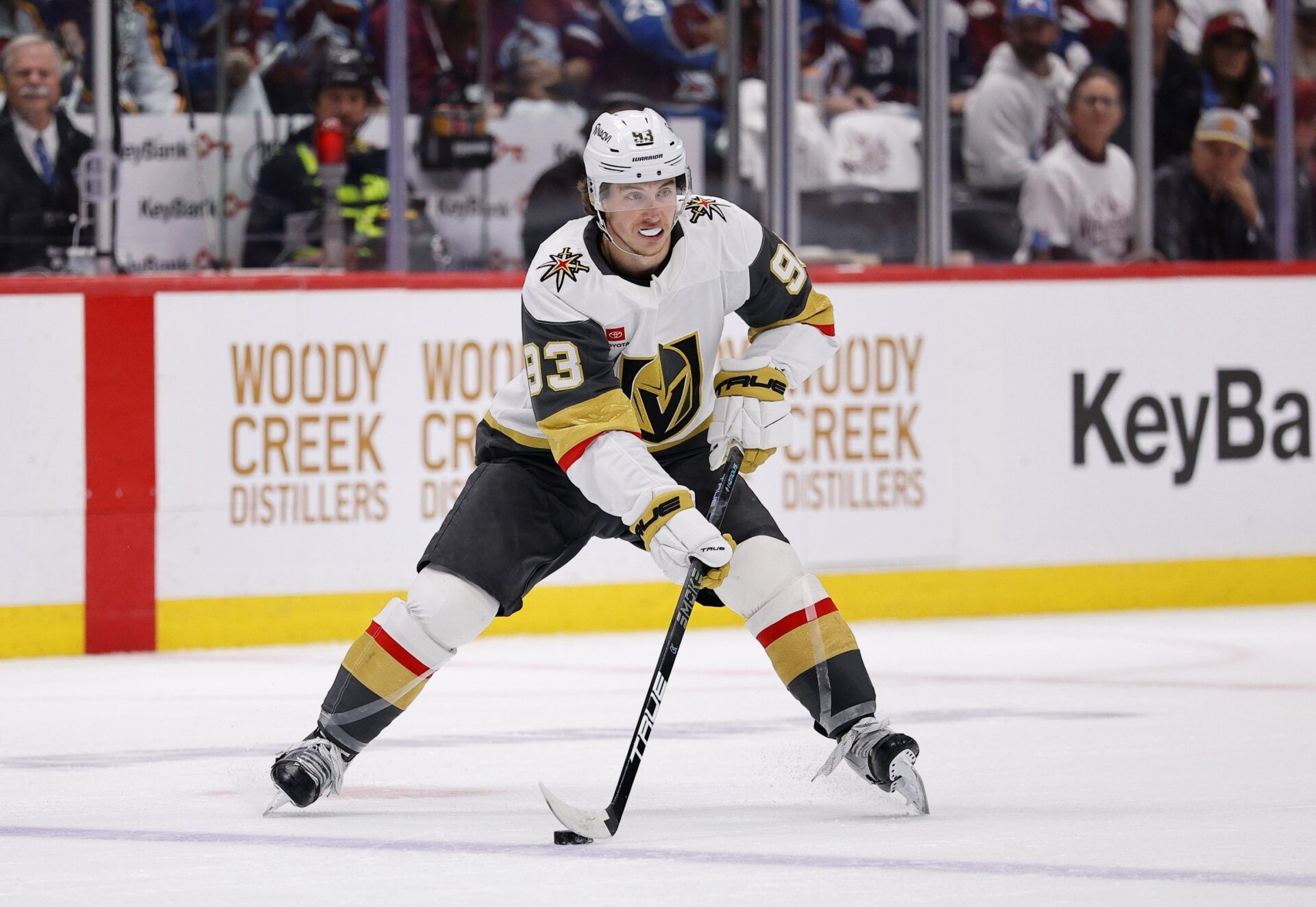 Vegas Golden Knights right wing Mitch Marner (93) skates during the first period against the Colorado Avalanche in game one of the Western Conference Final of the 2026 Stanley Cup Playoffs at Ball Arena.