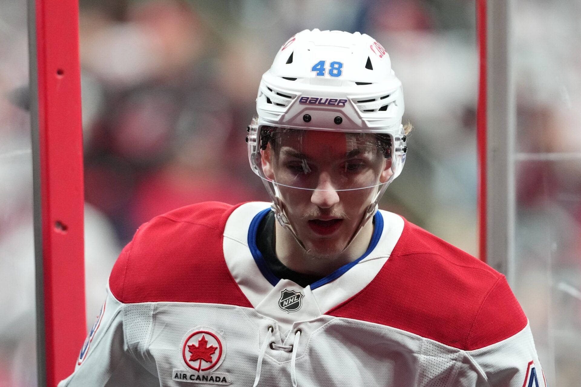 Montréal Canadiens defenseman Lane Hutson (48) leaves the ice after warms up before a game against the before the game against the Carolina Hurricanes in game two of the Eastern Conferene Final of the 2026 Stanley Cup Playoffs at Lenovo Center.