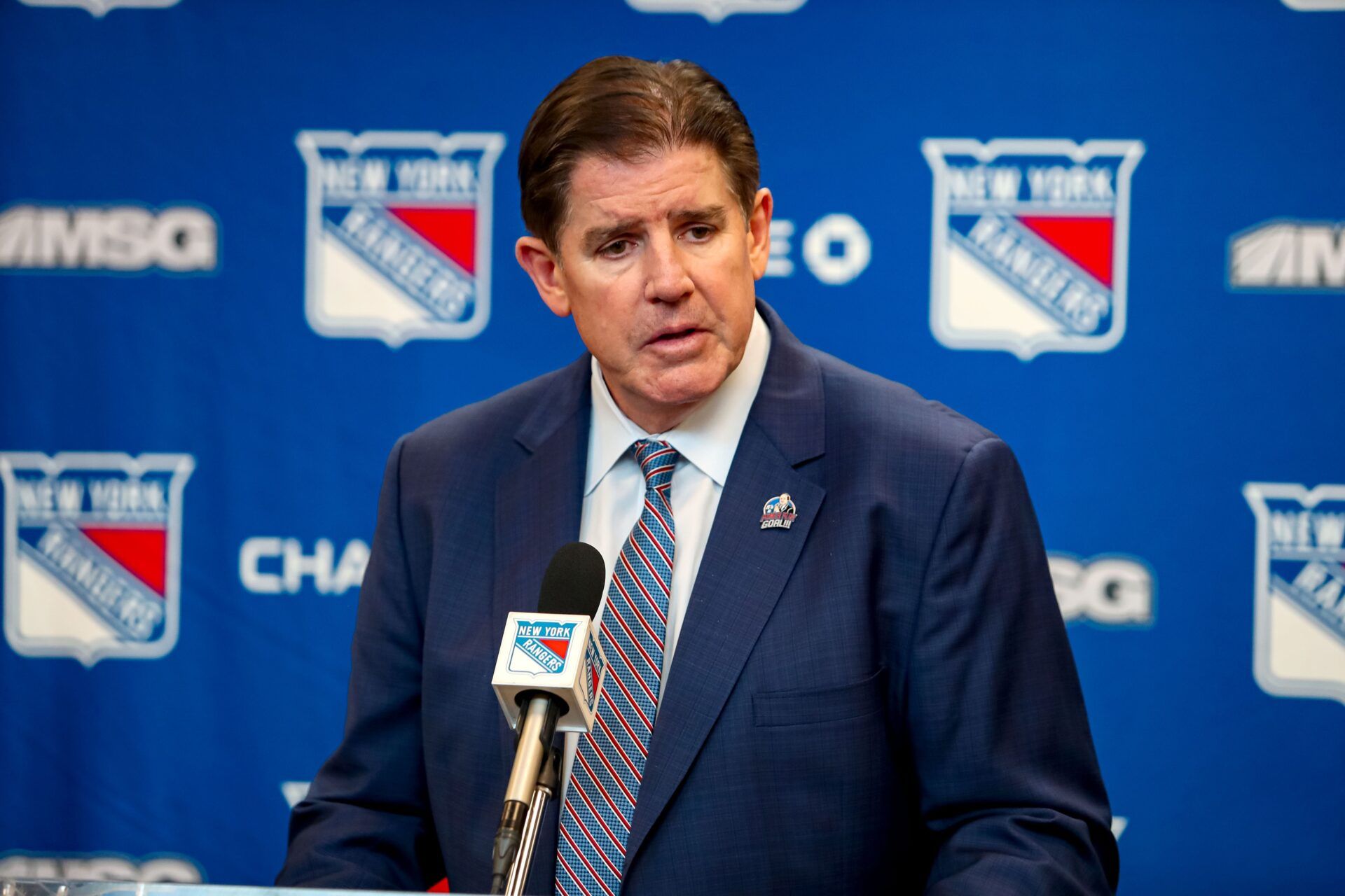 New York Rangers head coach Peter Laviolette speaks with the media after a 5-3 win against the Vancouver Canucks at Madison Square Garden.