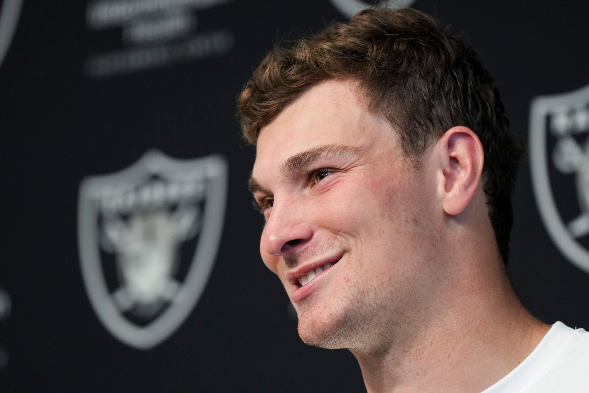 Las Vegas Raiders quarterback Fernando Mendoza (15) speaks during a news conference at the team’s Rookie Minicamp at Intermountain Health Performance Center.