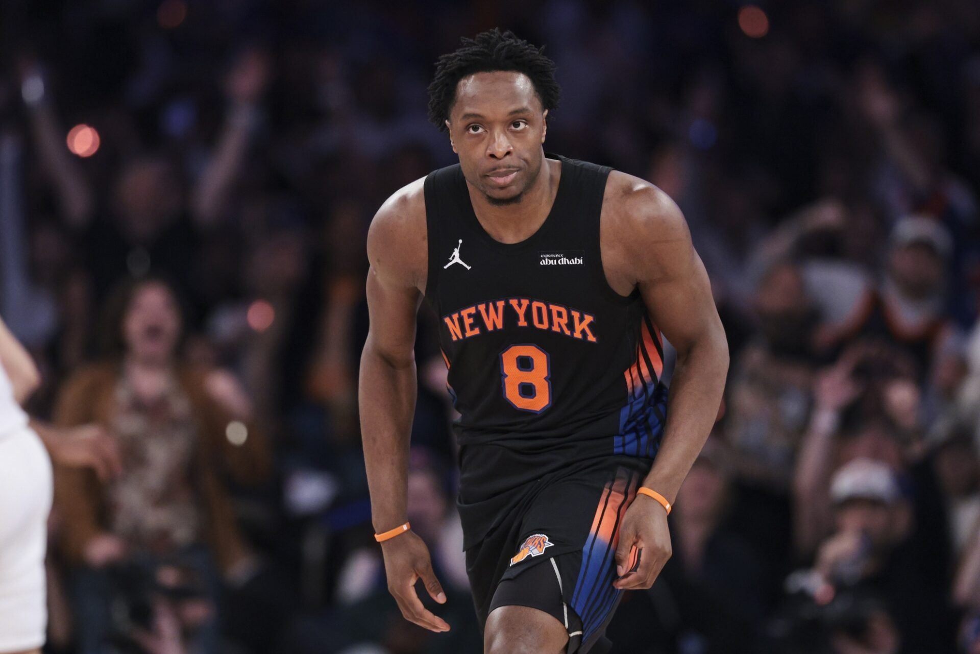 New York Knicks forward Og Anunoby (8) reacts during the second quarter of game two of the eastern conference finals of the 2026 NBA playoffs against the Cleveland Cavaliers at Madison Square Garden.