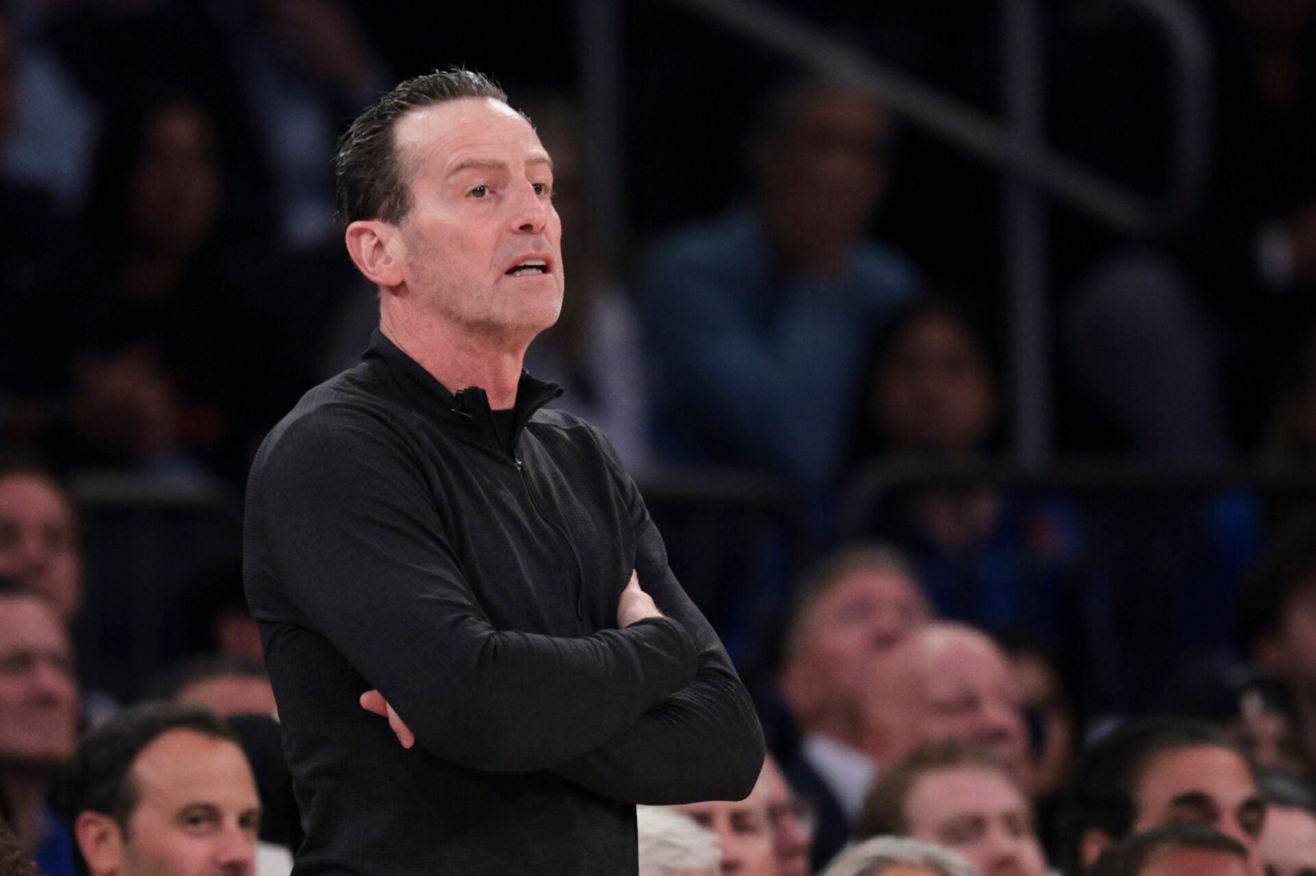 Cleveland Cavaliers head coach Kenny Atkinson reacts during the second quarter of game two of the eastern conference finals of the 2026 NBA playoffs against the New York Knicks at Madison Square Garden.