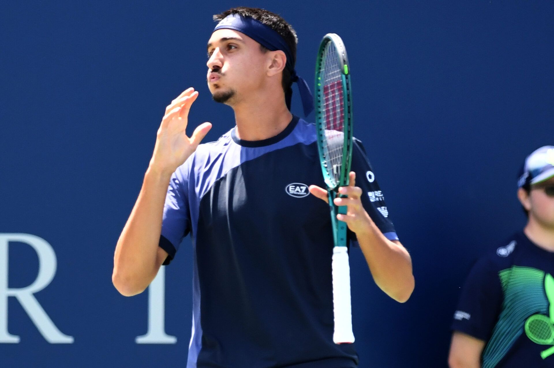 Lorenzo Sonego (ITA) reacts after playing a shot against Andrey Rublev during third round play at Sobeys Stadium.