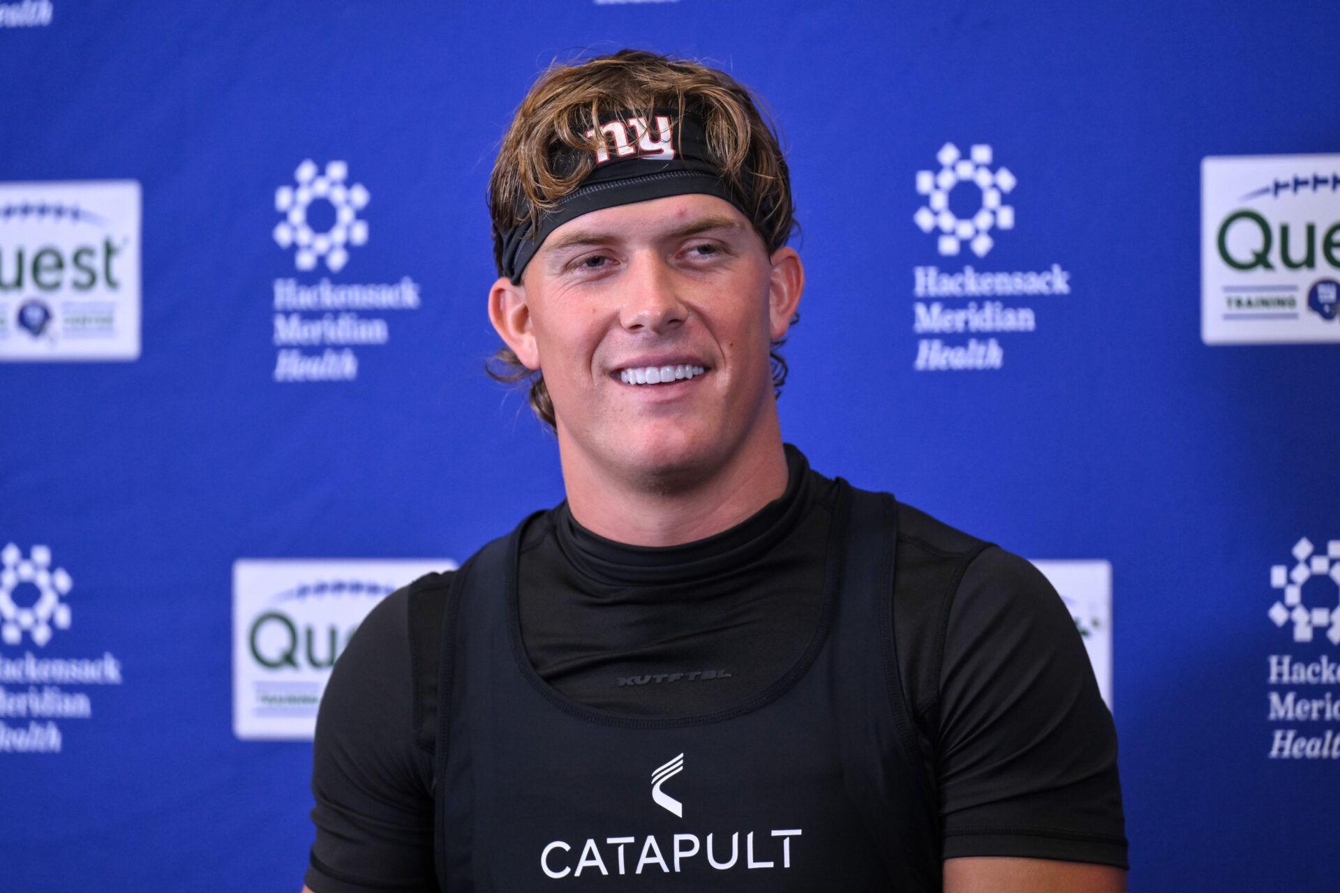 New York Giants quarterback Jaxson Dart (6) speaks at a press conference during organized team activities at Quest Diagnostics Training Center.