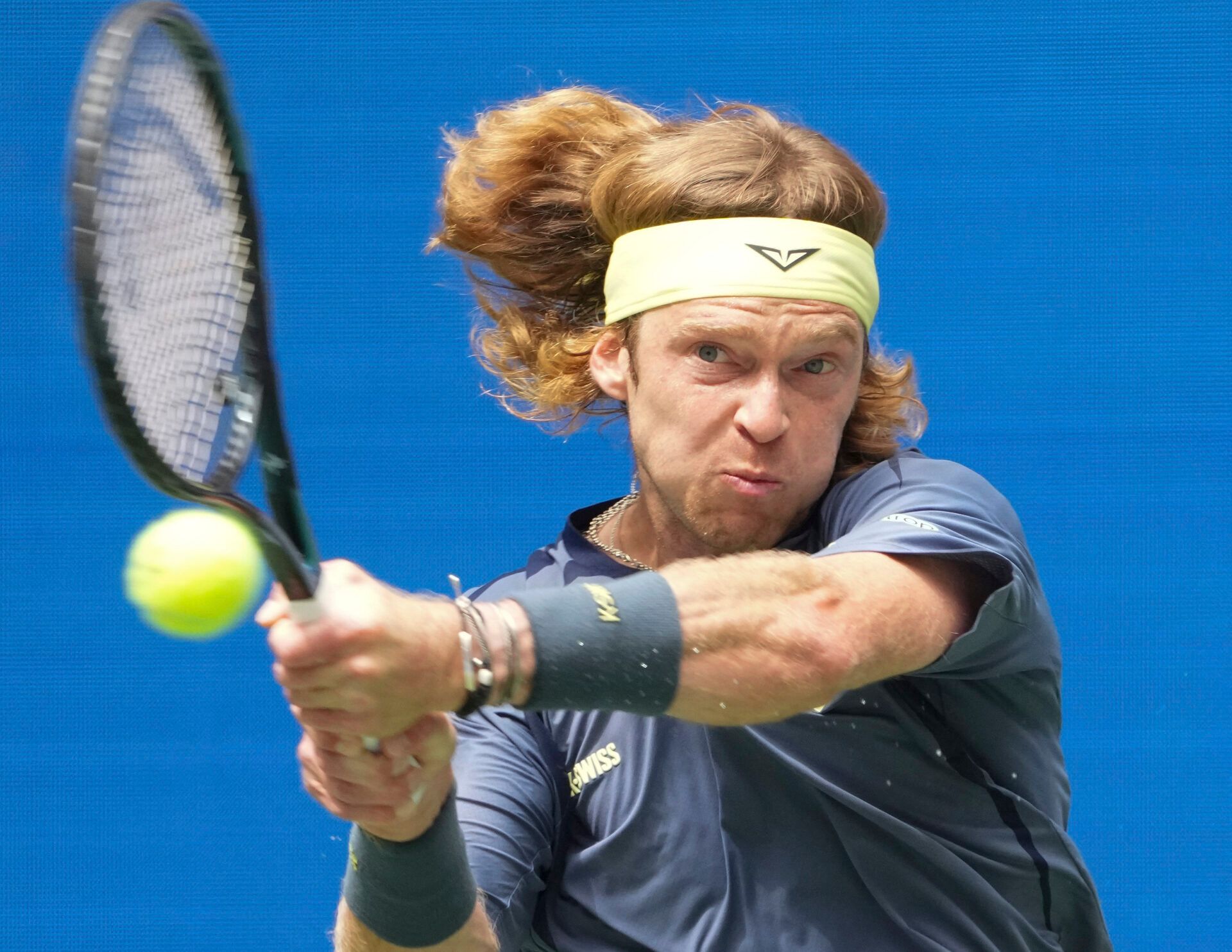 Andrey Rublev hits to Felix Auger-Aliassime (CAN) (not pictured) on day nine of the 2025 U.S. Open tennis tournament at the USTA Billie Jean King National Tennis Center.