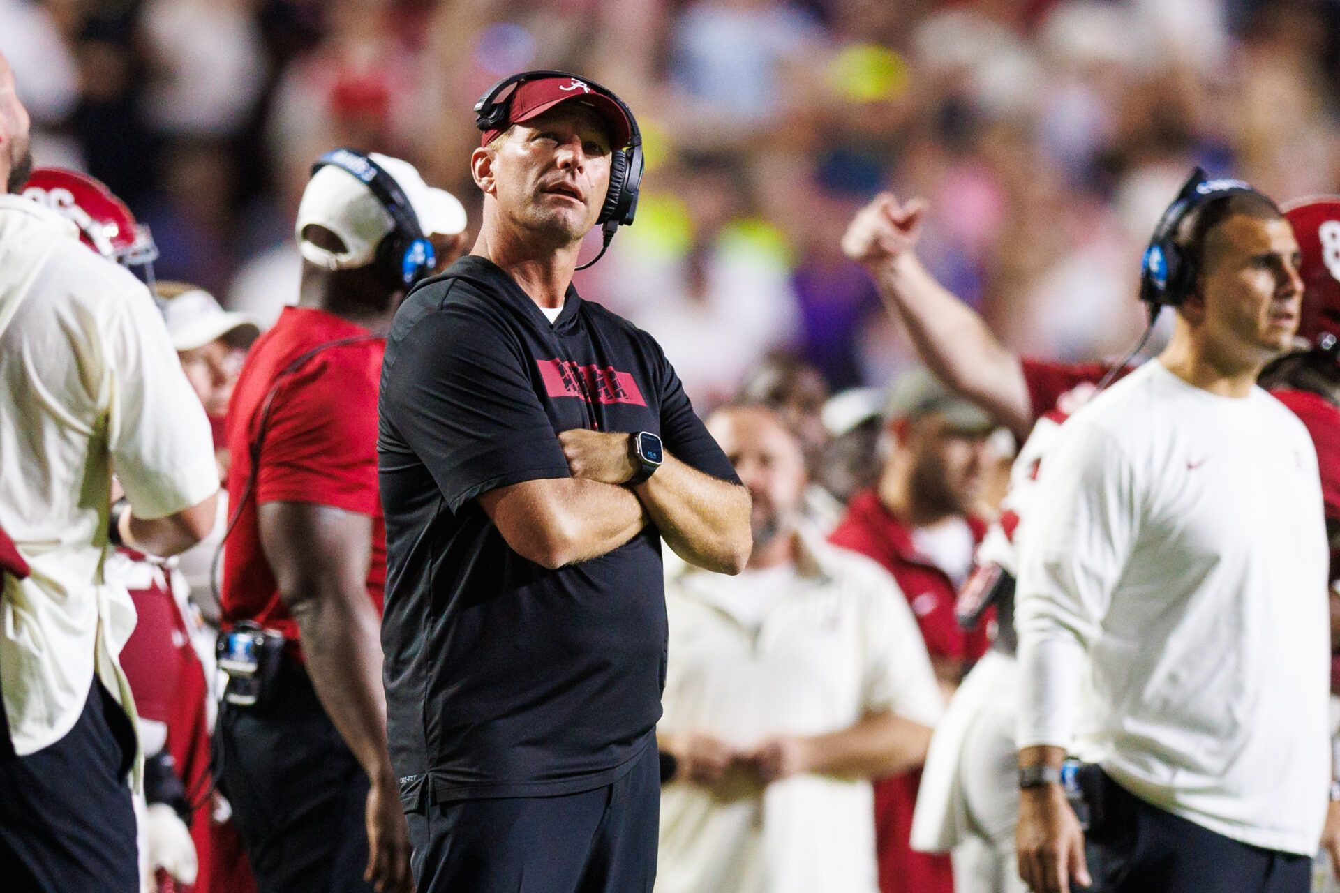 Alabama Crimson Tide head coach Kalen DeBoer looks on against the LSU Tigers during the second half at Tiger Stadium.