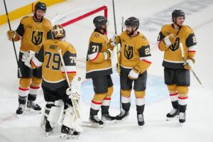 Vegas Golden Knights celebrate the win against Colorado Avalanche in game three of the Western Conference Final of the 2026 Stanley Cup Playoffs at T-Mobile Arena.