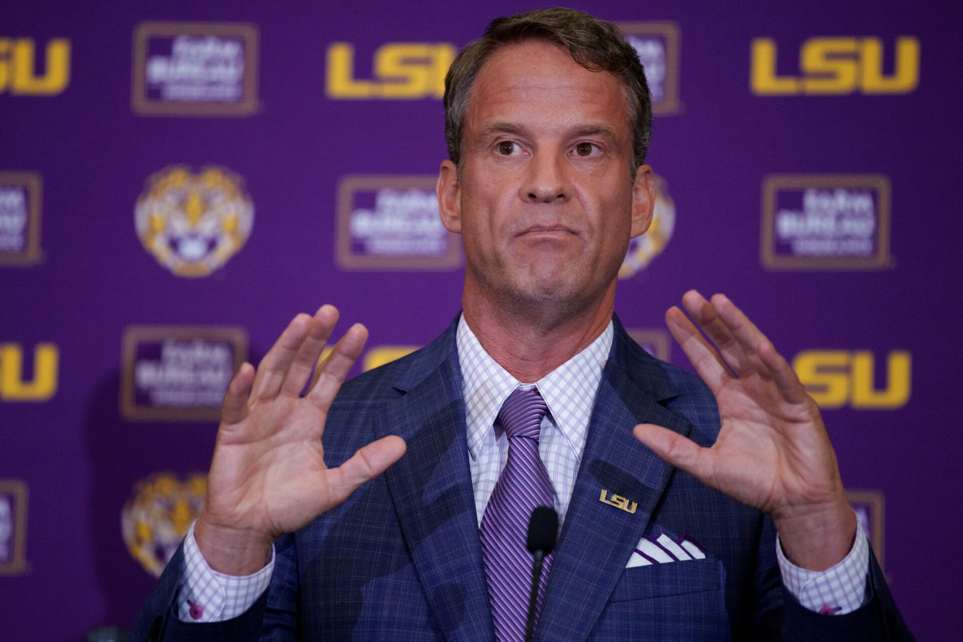 LSU new head coach Lane Kiffin speaks at South Stadium Club at Tiger Stadium.