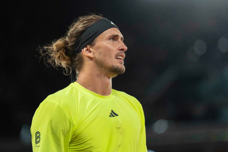 Alexander Zverev of Germany during his match against Novak Djokovic of Serbia on day 11 at Roland Garros Stadium.