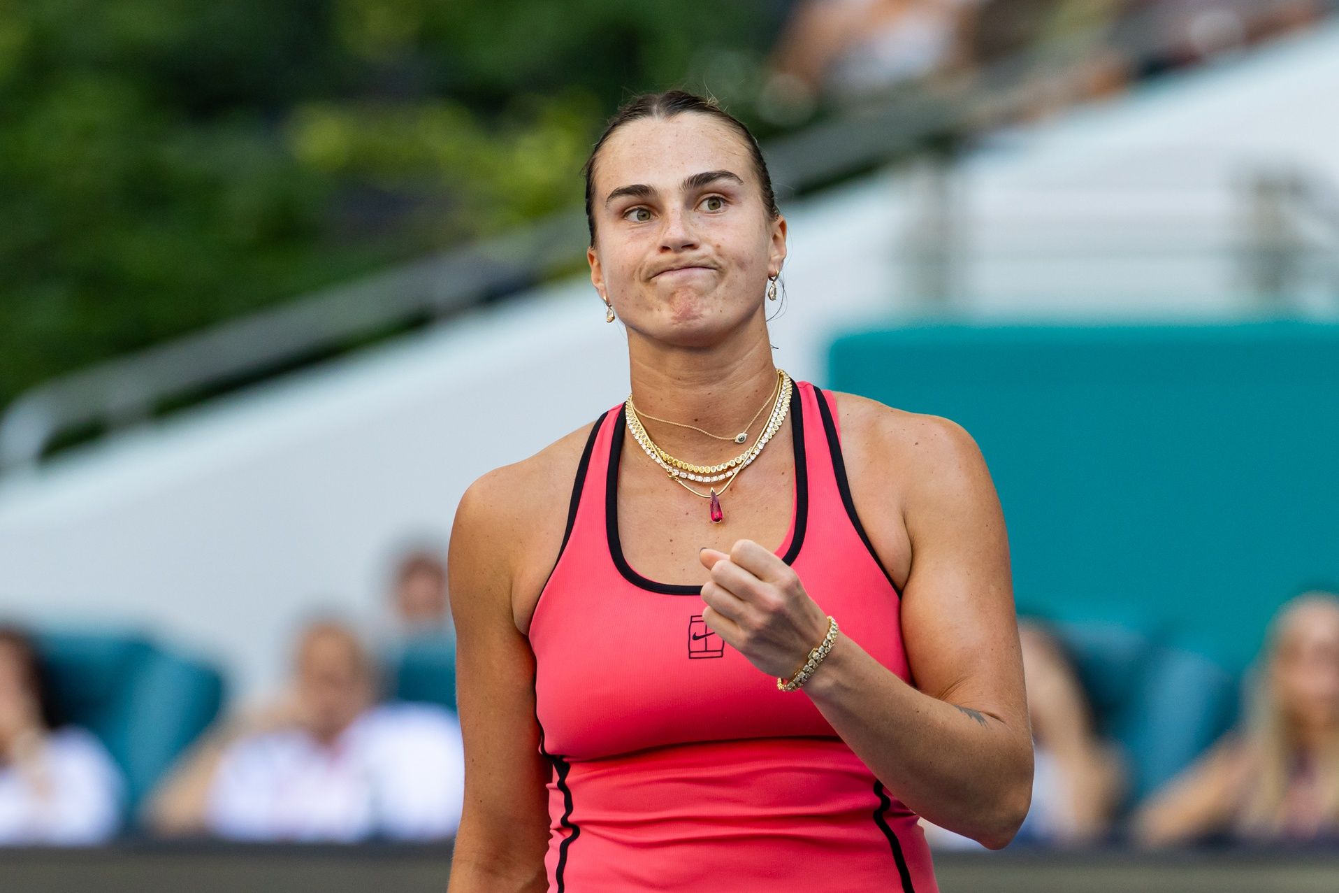 Aryna Sabalenka of Belarus reacts during her match against Coco Gauff of the United States in the final of the women’s singles at the Hard Rock Stadium.