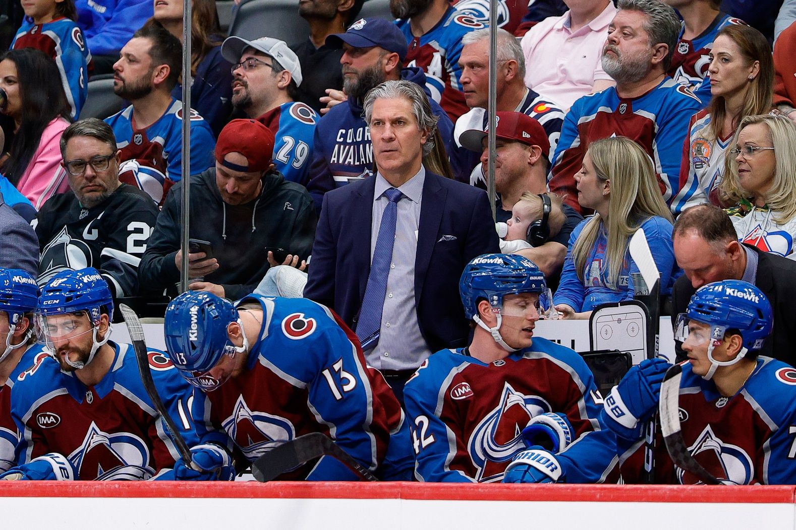 Colorado Avalanche head coach Jared Bednar in the third period against the Calgary Flames at Ball Arena.