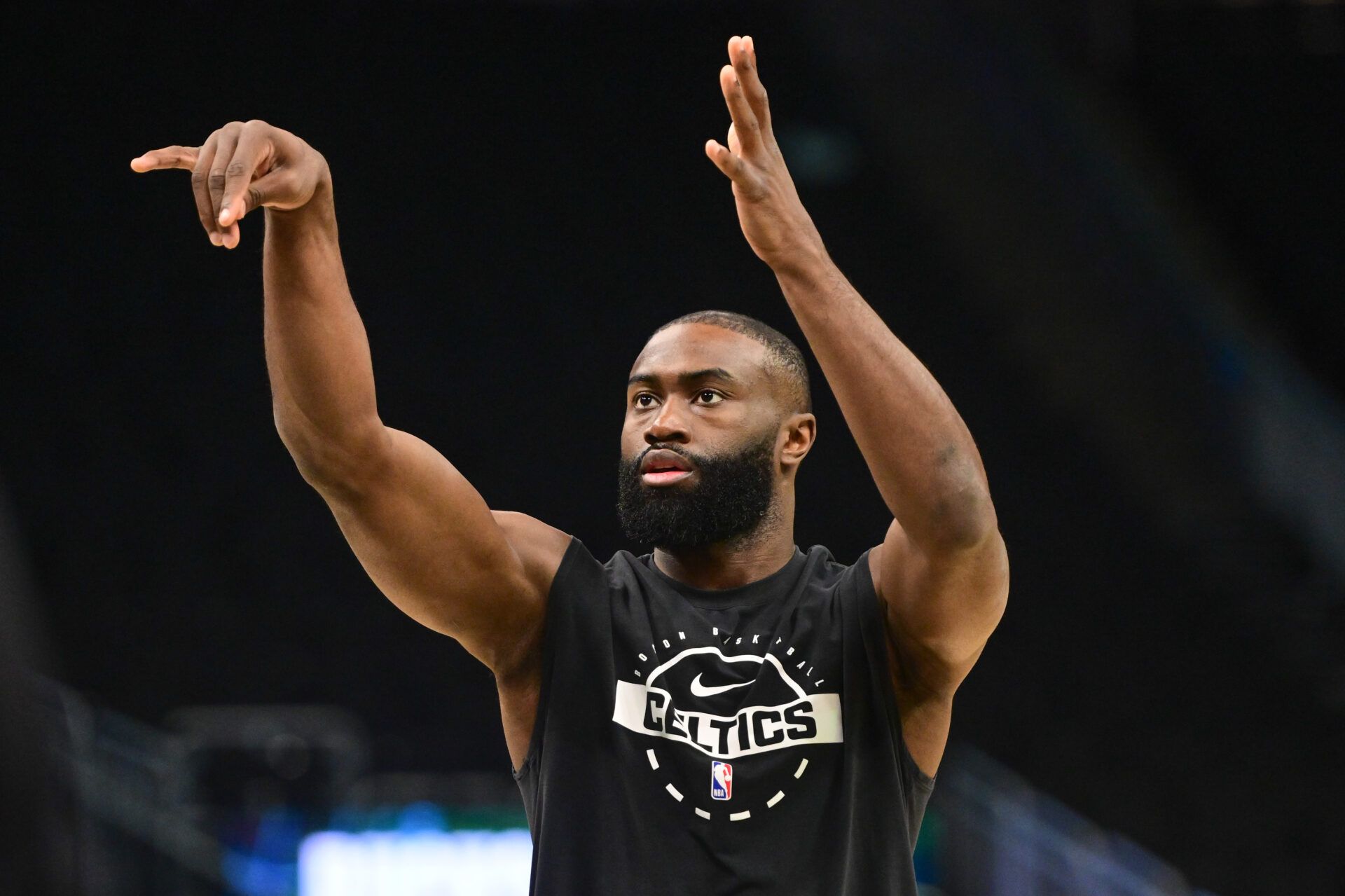 Boston Celtics forward Jaylen Brown (7) warms up before the game against the Milwaukee Bucks at Fiserv Forum.