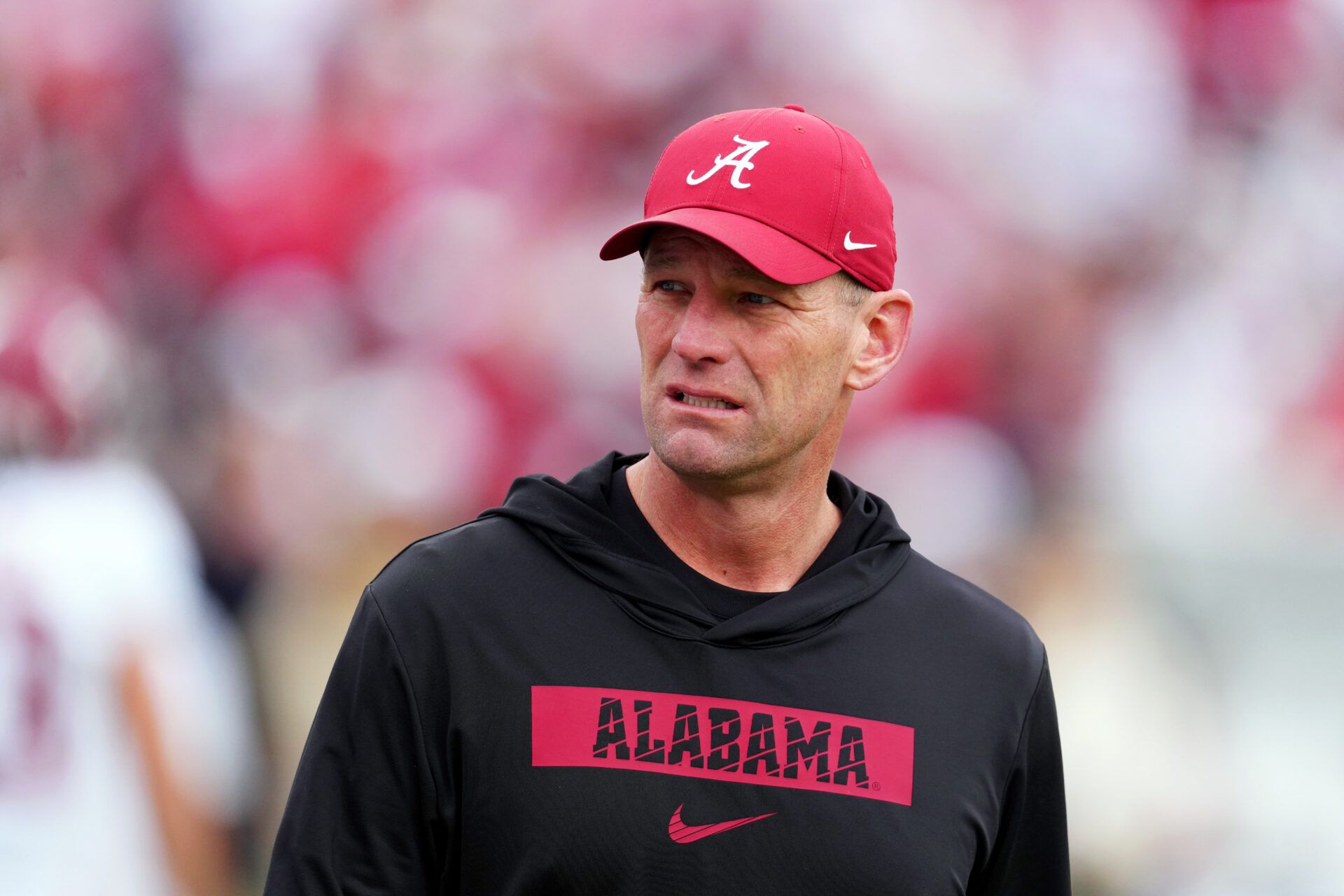 Alabama Crimson Tide head coach Kalen Deboer looks on before the 2026 Rose Bowl and quarterfinal game of the College Football Playoff against the Indiana Hoosiers at Rose Bowl Stadium.