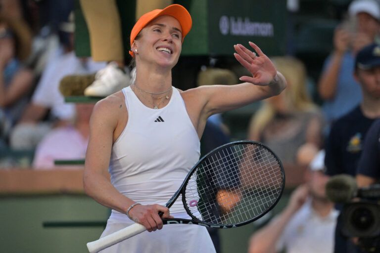 Elina Svitolina (UKR) celebrates as she defeated Iga Swiatek (POL) in her quarterfinal match during the BNP Paribas Open at the Indian Wells Tennis Garden.