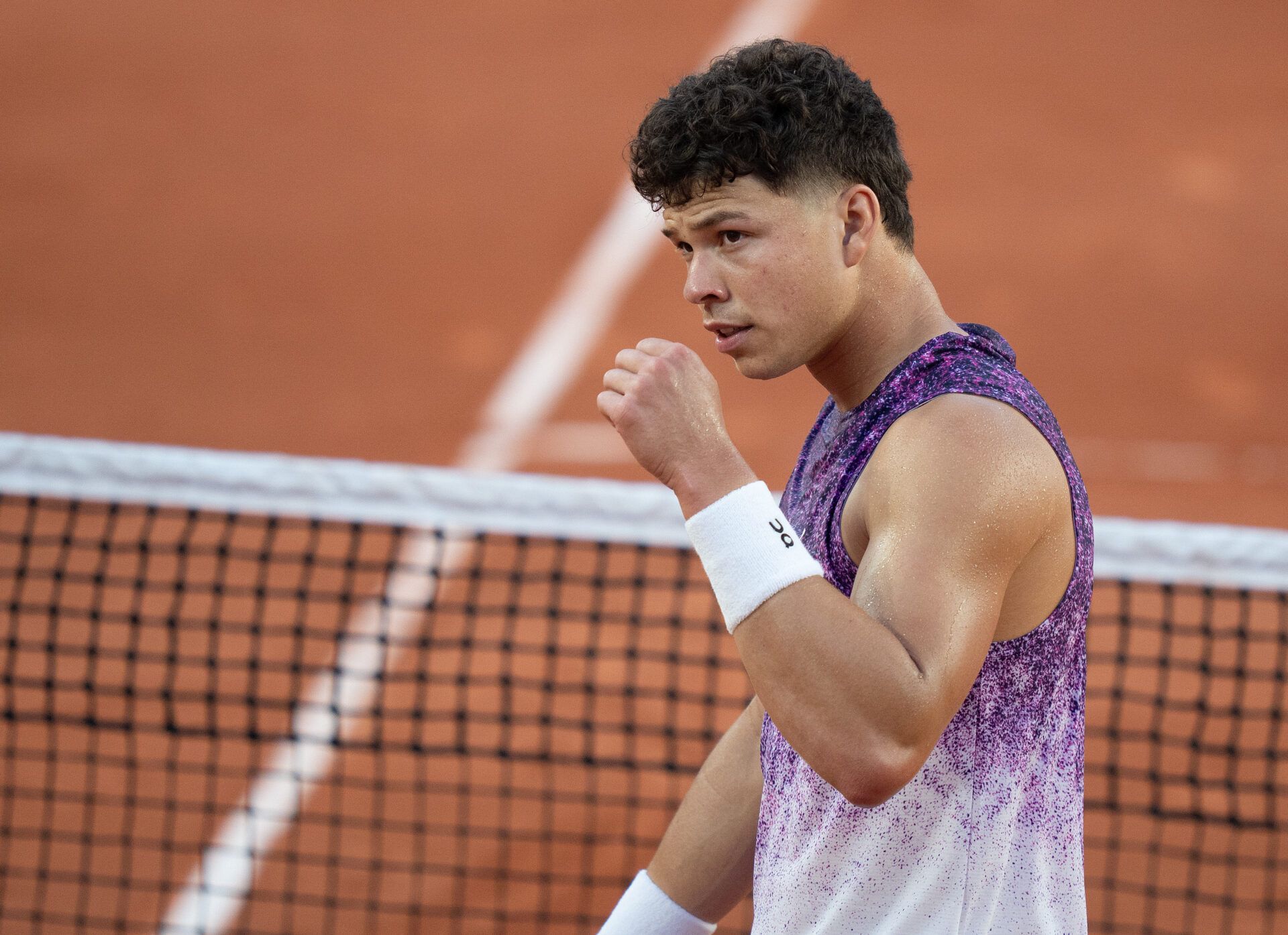 Ben Shelton of the United States celebrates winning his first round match against Daniel Merida of Spain (not pictured) on day two at Stade Roland Garros.