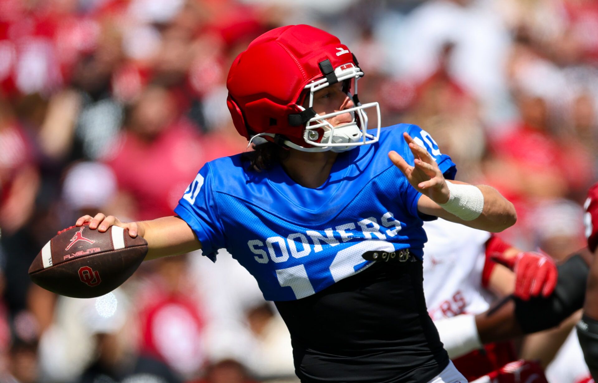 Oklahoma Sooners  quarterback John Mateer (10) throws during the Oklahoma Spring Game at Gaylord Family Memorial Stadium.