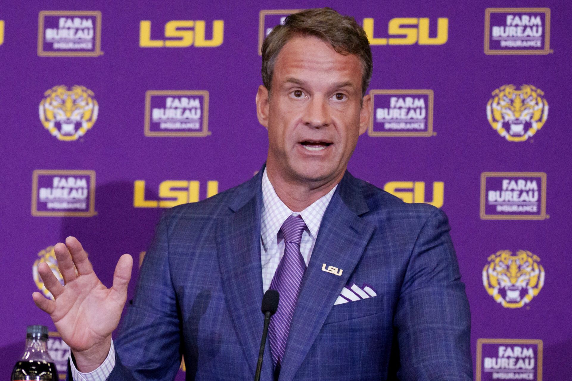 LSU new head coach Lane Kiffin speaks at South Stadium Club at Tiger Stadium.
