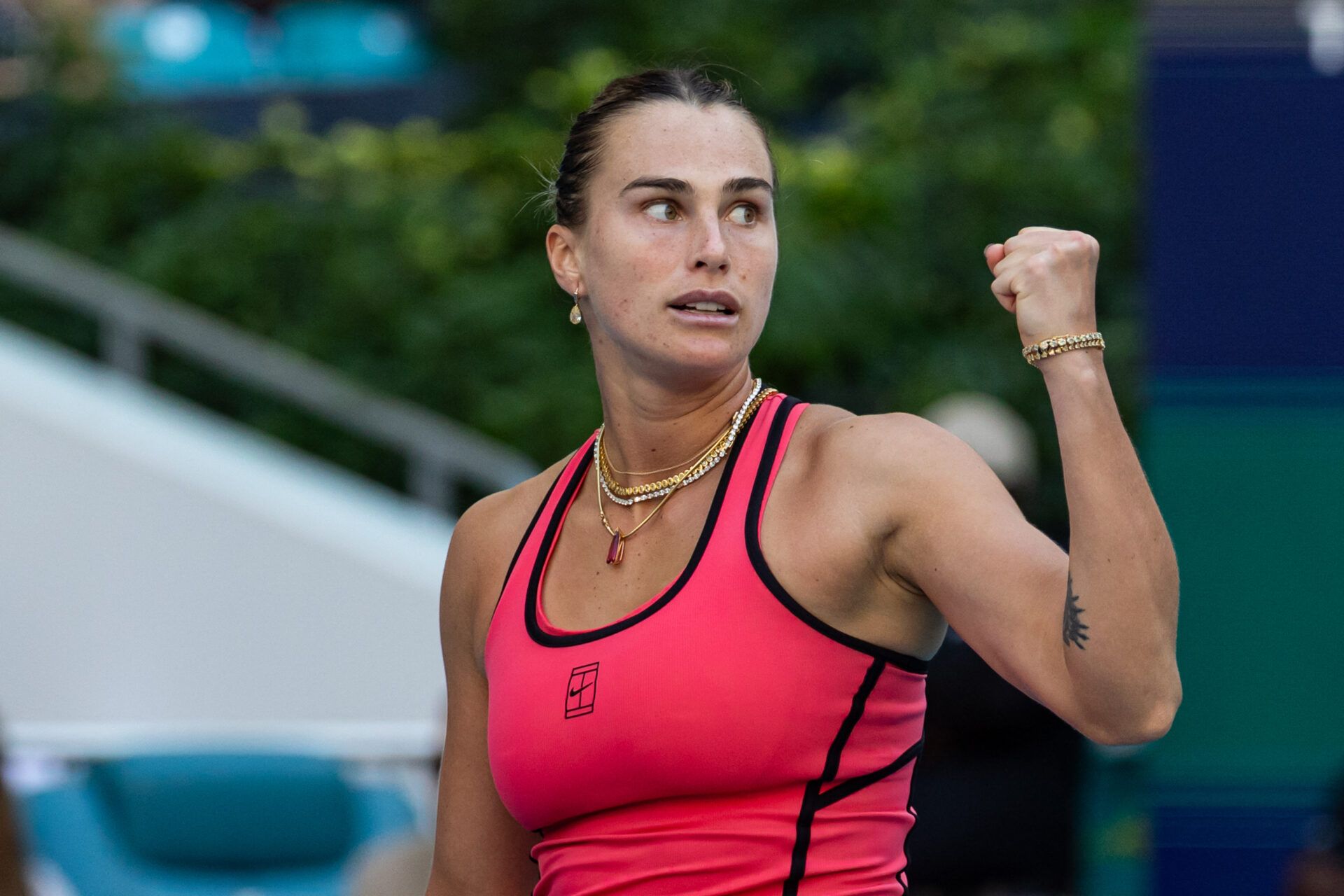 Aryna Sabalenka of Belarus reacts during her match against Coco Gauff of the United States in the final of the women’s singles at the Hard Rock Stadium.