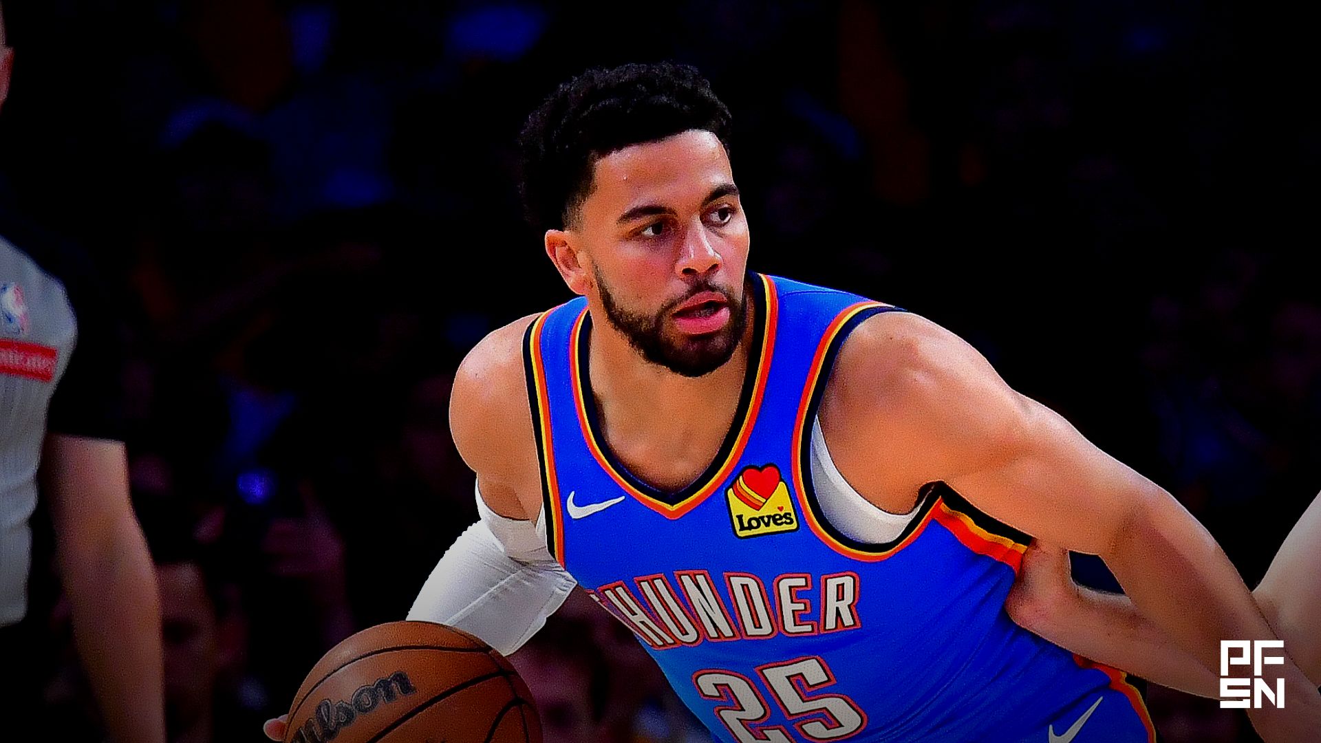 Oklahoma City Thunder guard Ajay Mitchell (25) moves the ball against Los Angeles Lakers guard Austin Reaves (15) during the first half in game four of the second round of the 2026 NBA Playoffs at Crypto.com Arena.