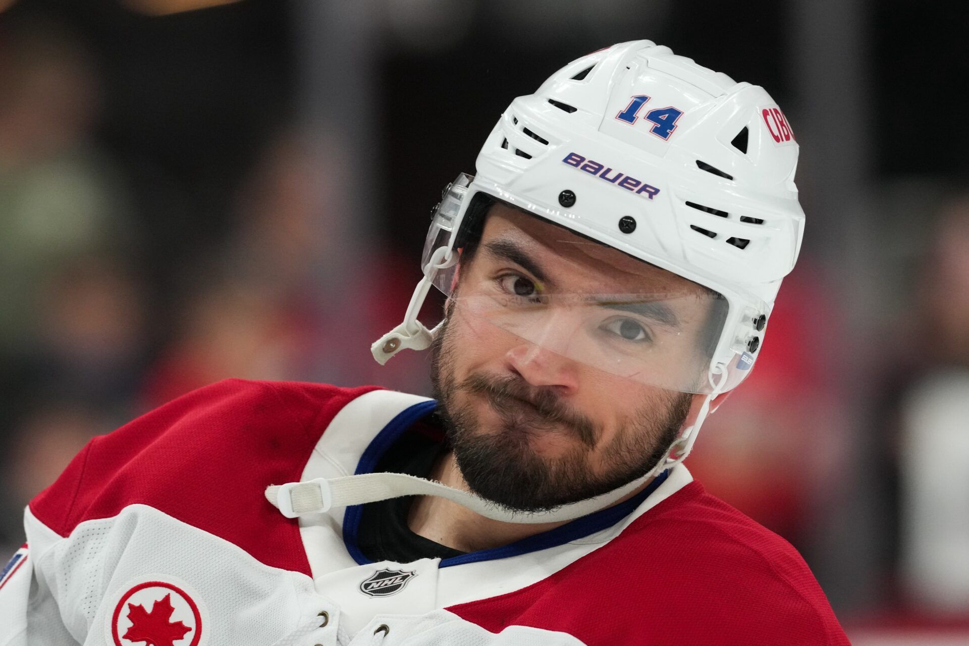 Montréal Canadiens center Nick Suzuki (14) looks on before the game against the Carolina Hurricanes in game two of the Eastern Conferene Final of the 2026 Stanley Cup Playoffs at Lenovo Center.