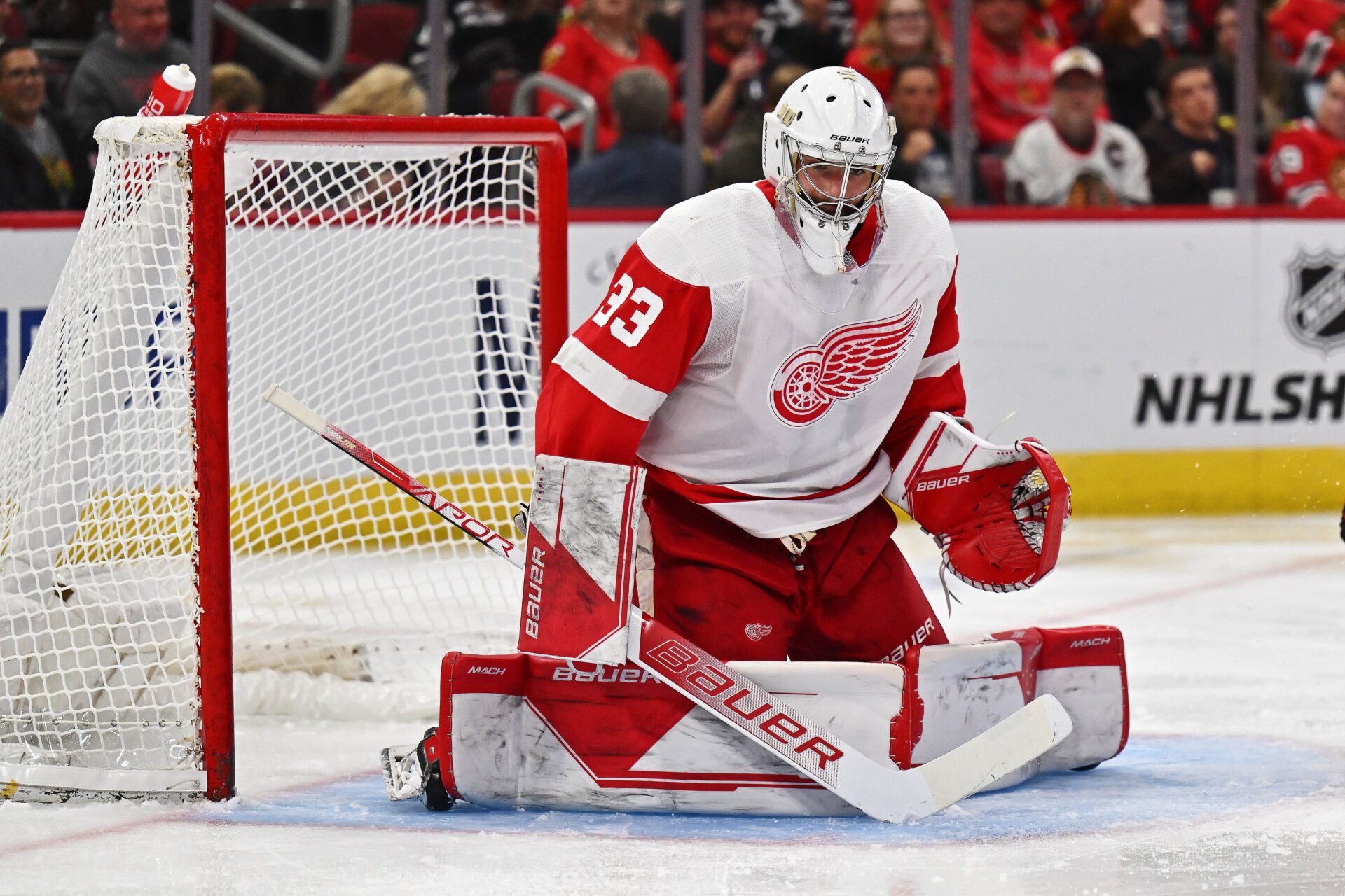 Detroit Red Wings goaltender Sebastian Cossa (33) at United Center.