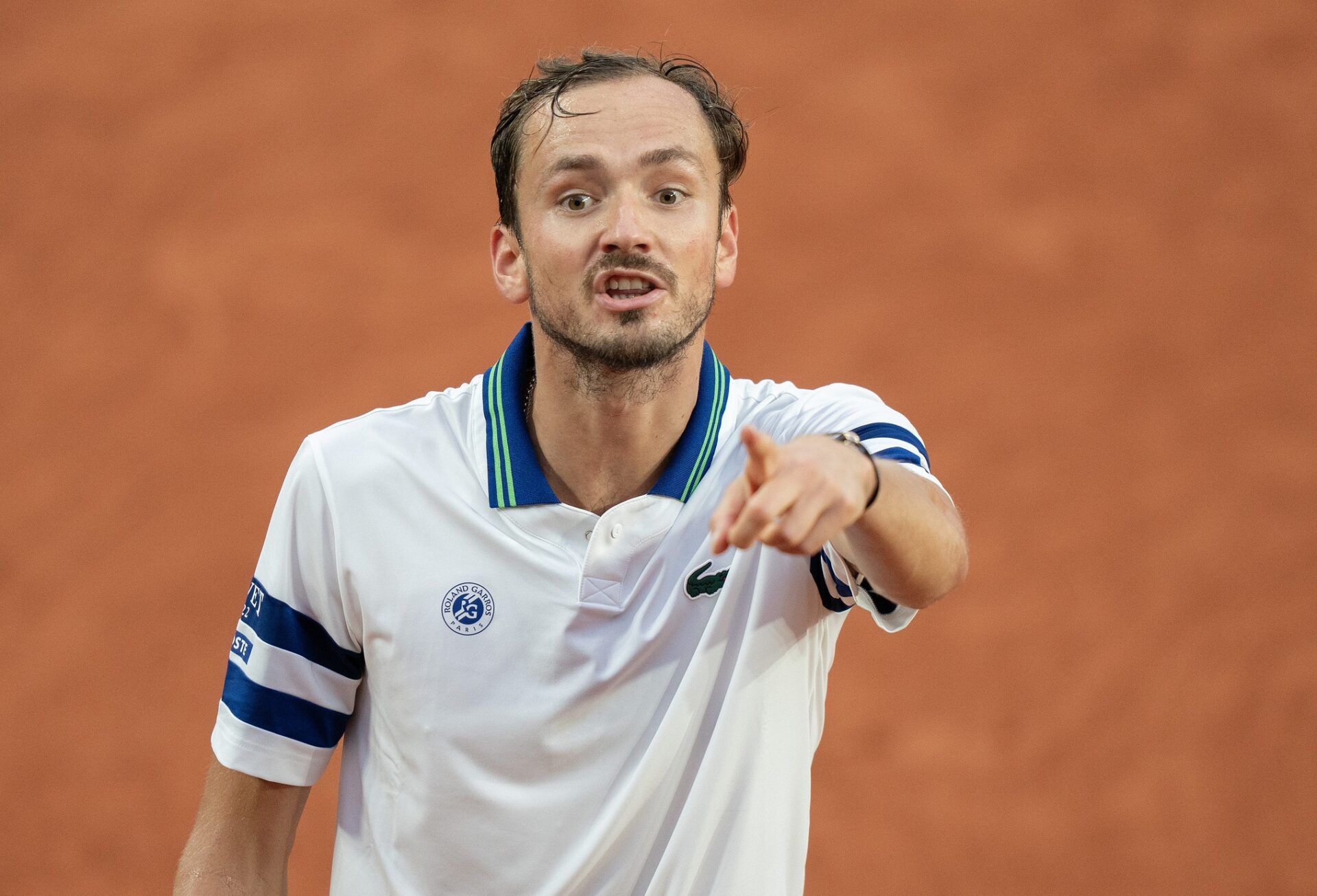 Daniil Medvedev reacts during a match against Tomas Machac of the Czech Republic on day seven of Roland Garros at Stade Roland Garros.