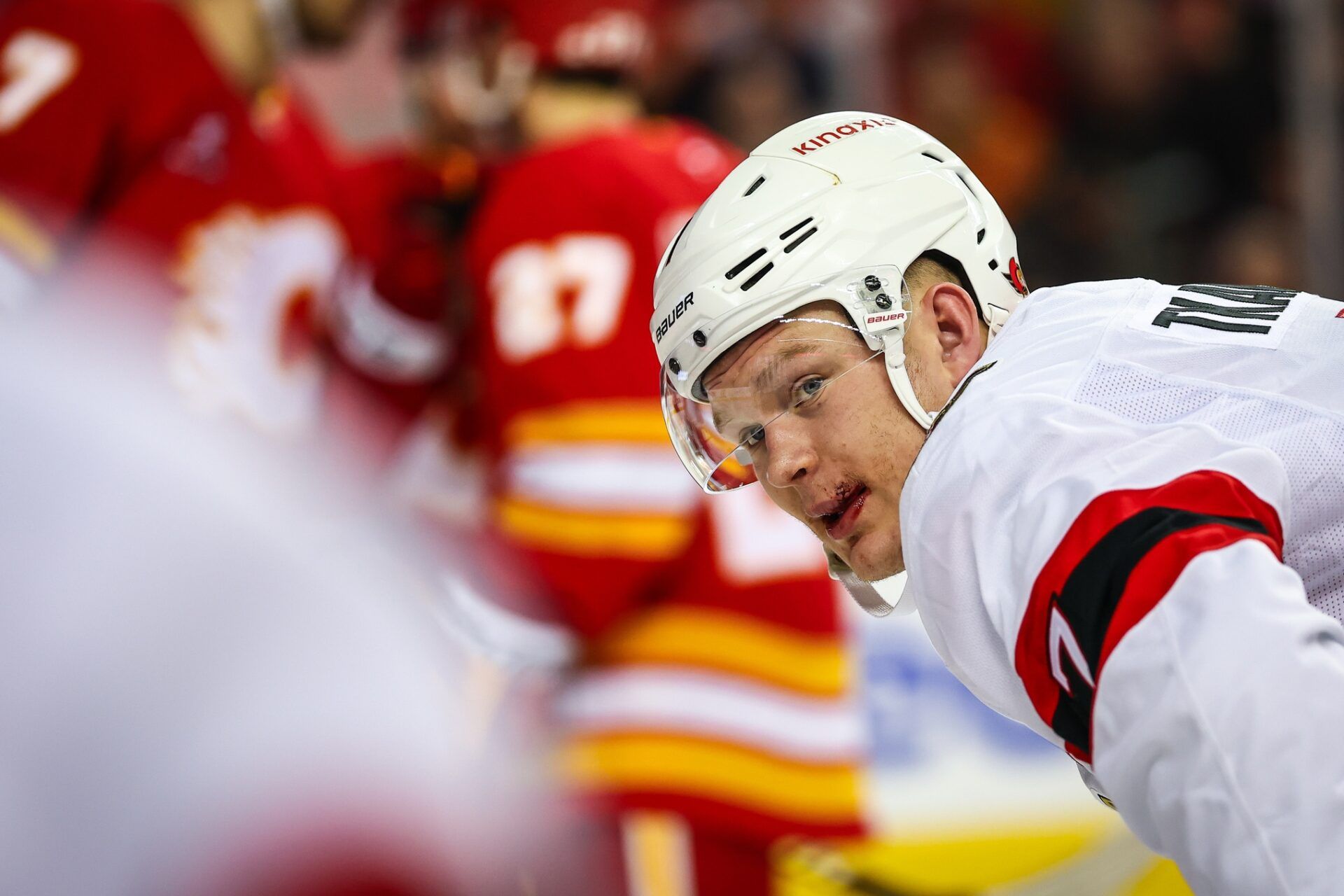 Ottawa Senators left wing Brady Tkachuk (7) during the face off against the Calgary Flames during the third period at Scotiabank Saddledome.