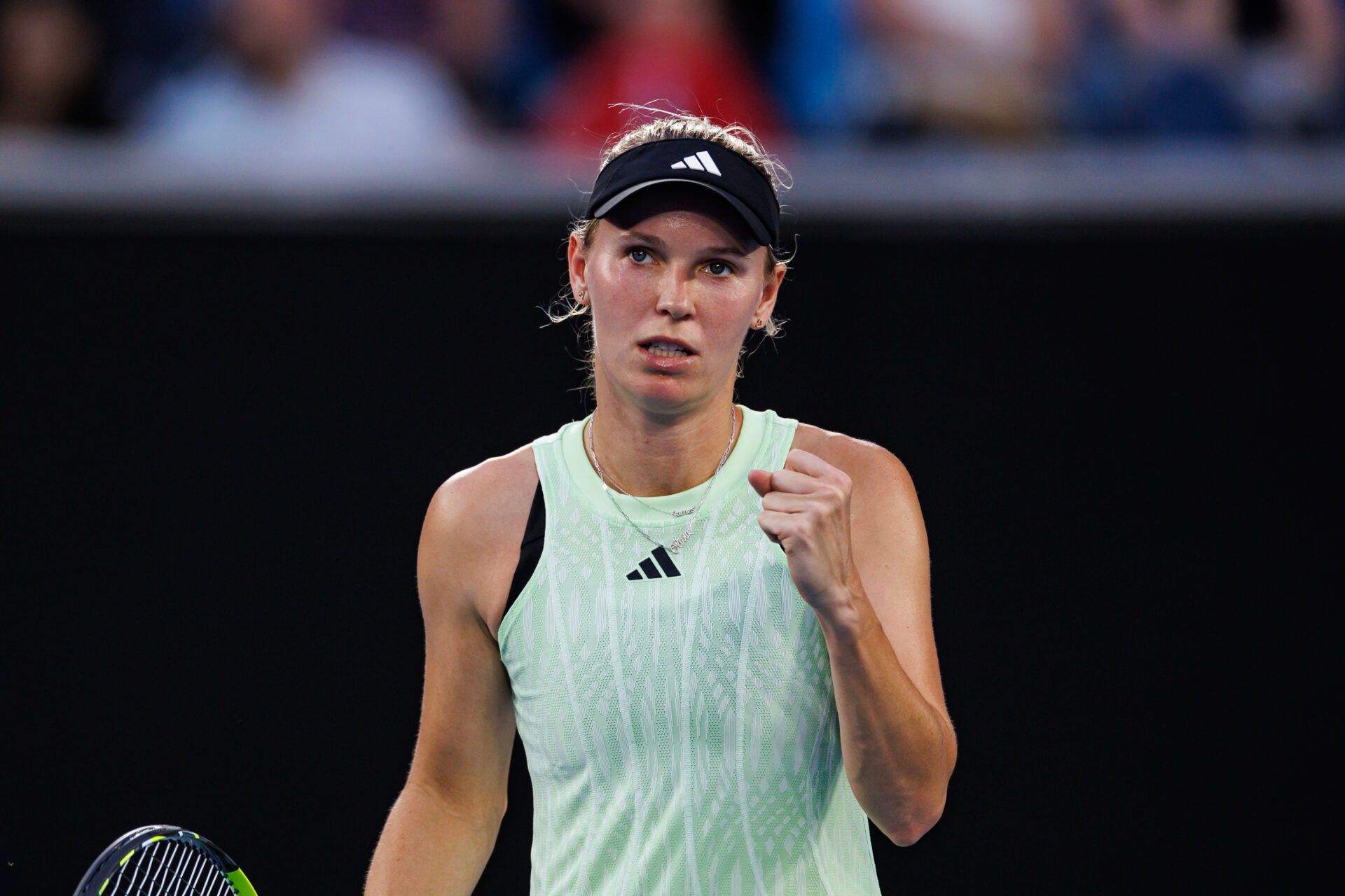 Caroline Wozniacki of Denmark celebrates during her match against Magda Linette of Poland in the first round of the womens singles.