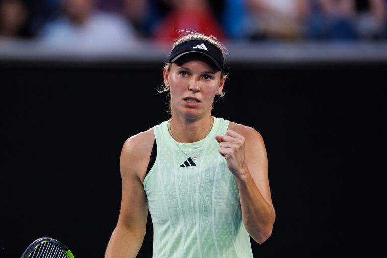 Caroline Wozniacki of Denmark celebrates during her match against Magda Linette of Poland in the first round of the womens singles.