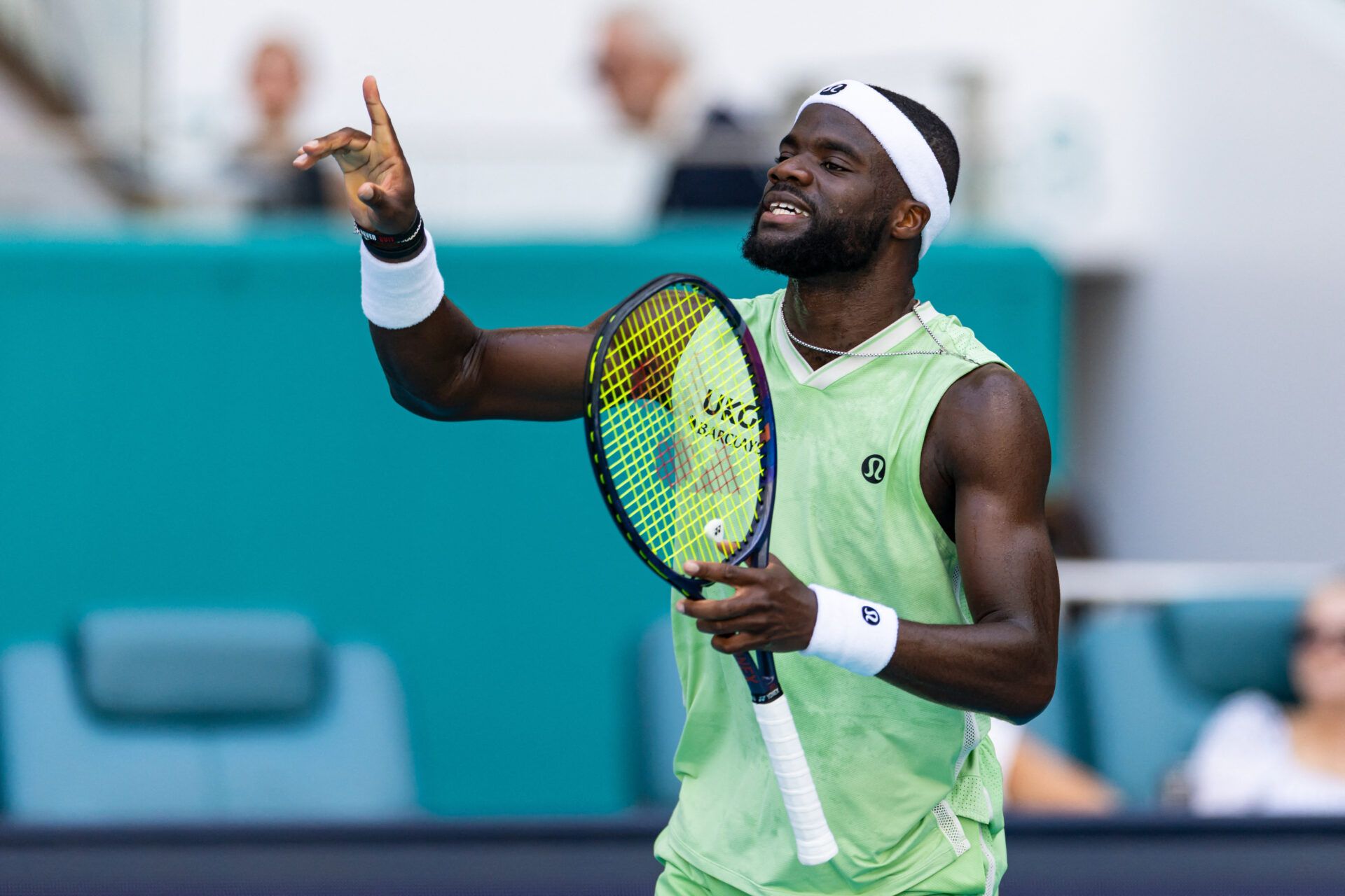 Frances Tiafoe of the United States reacts during his match against Jannik Sinner of Italy in the quarter finals of the menÕs singles at the Miami Open at Hard Rock Stadium.