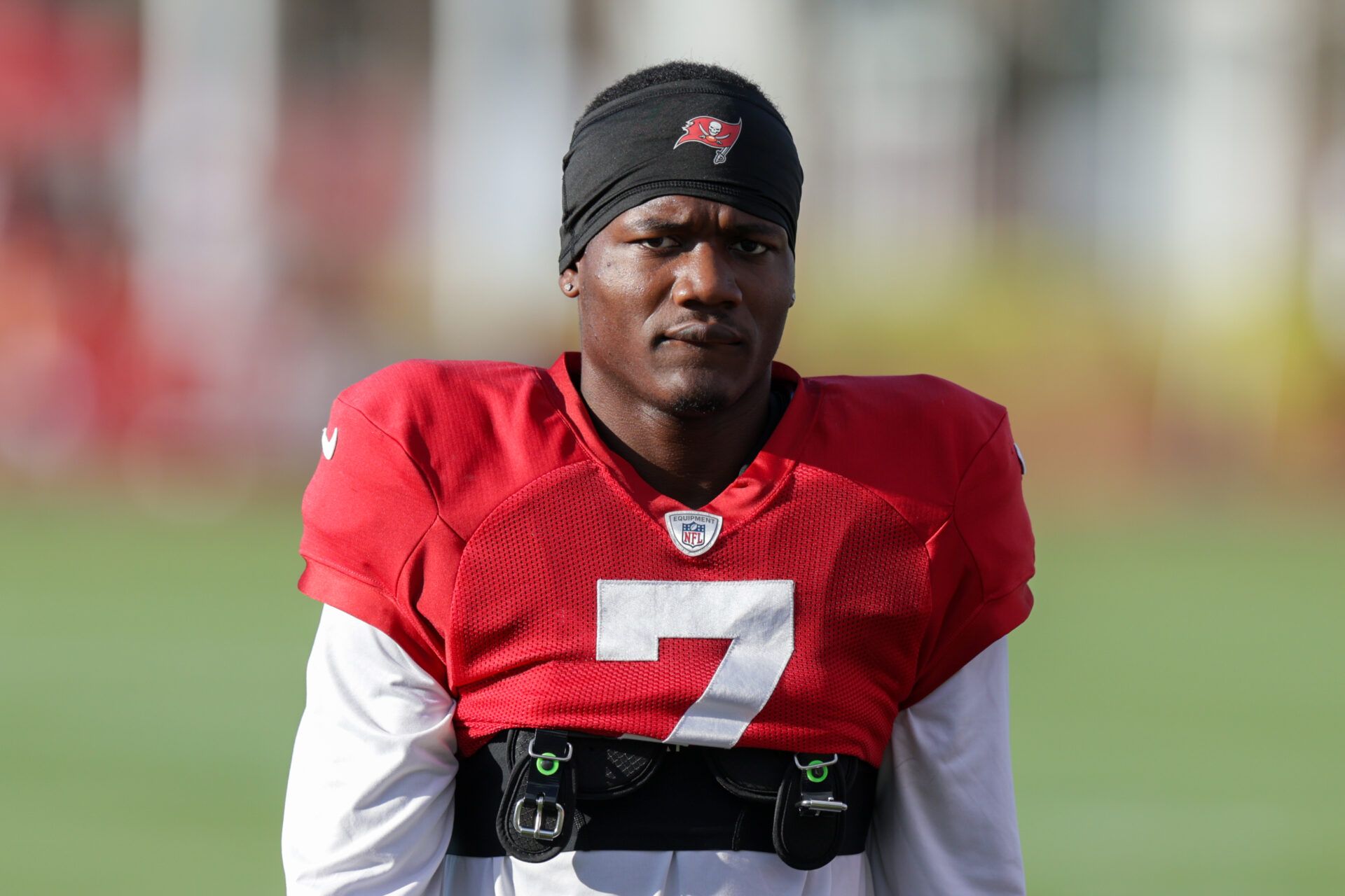 Tampa Bay Buccaneers running back Bucky Irving (7) participates in training camp at AdventHealth Training Center.