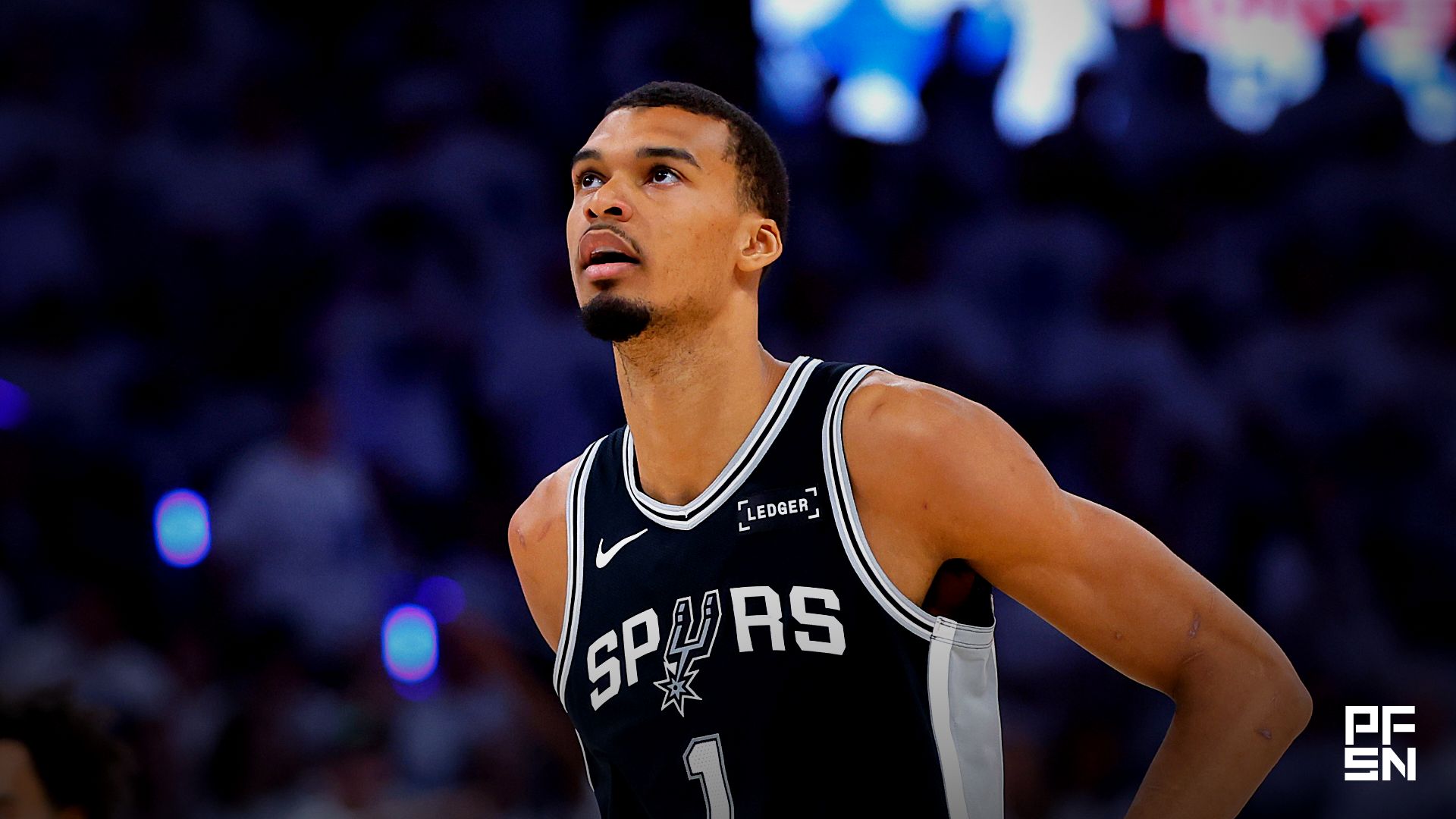 San Antonio Spurs forward Victor Wembanyama (1) reacts after a play during the third quarter against the Oklahoma City Thunder in game five of the western conference finals for the 2026 NBA playoffs at Paycom Center.