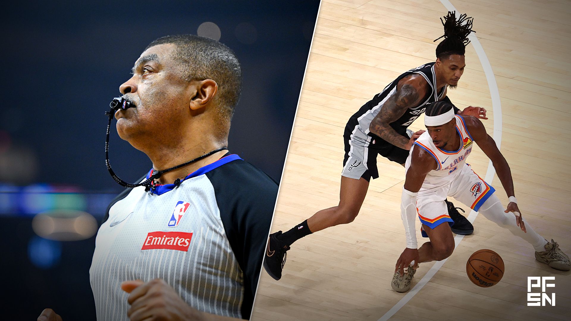 Collage featuring NBA: Playoffs-New York Knicks at Cleveland Cavaliers and NBA: Playoffs-San Antonio Spurs at Oklahoma City Thunder.
David Richard-Imagn Images / Brett Rojo-Imagn Images