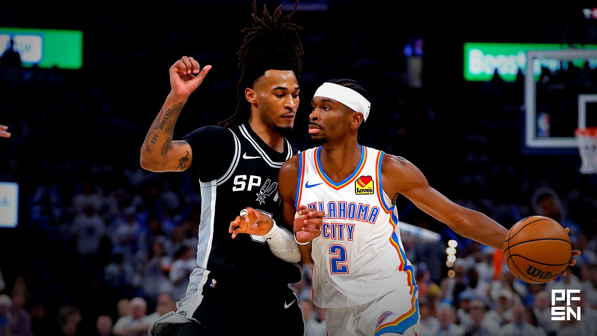 Oklahoma City Thunder guard Shai Gilgeous-Alexander (2) drives against San Antonio Spurs guard Stephon Castle (5) during the third quarter in game five of the western conference finals for the 2026 NBA playoffs at Paycom Center.