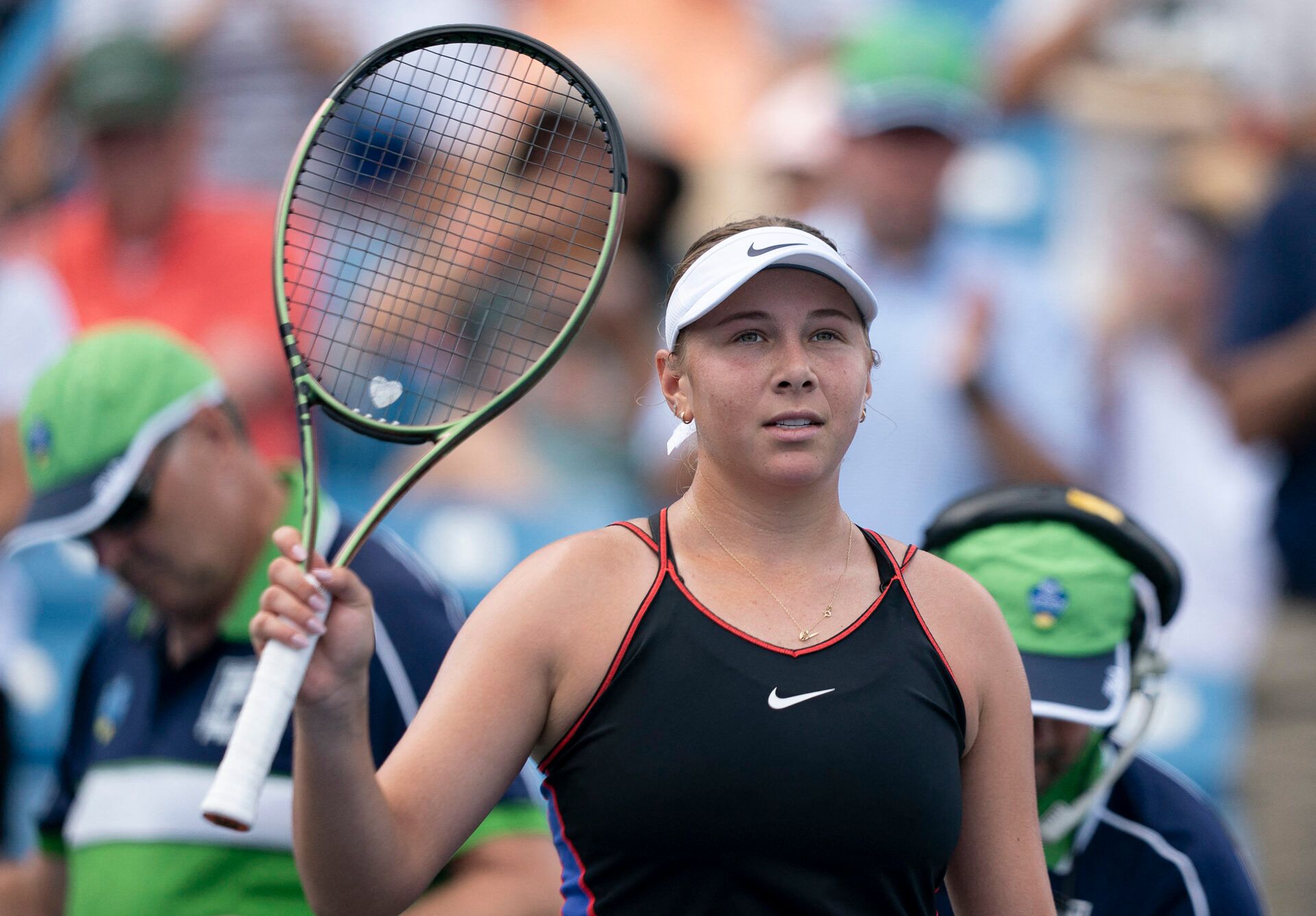 Amanda Anisimova (USA) acknowledges the spectators after winning her match against Daria Kasatkina (RUS) at the Western & Southern at the at the Lindner Family Tennis Center.